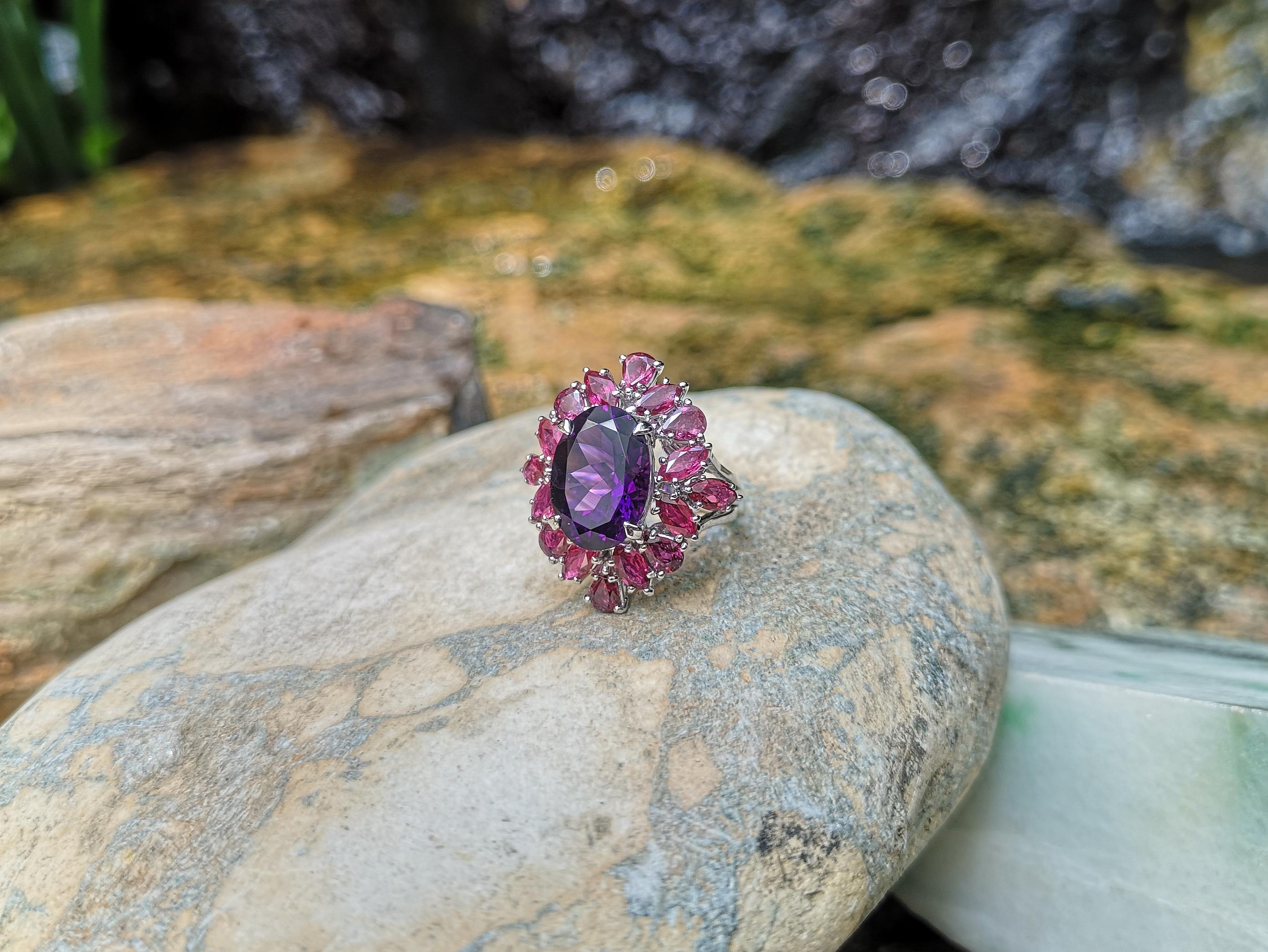 Amethyst with Ruby Ring Set in 18 Karat White Gold Settings For Sale 2