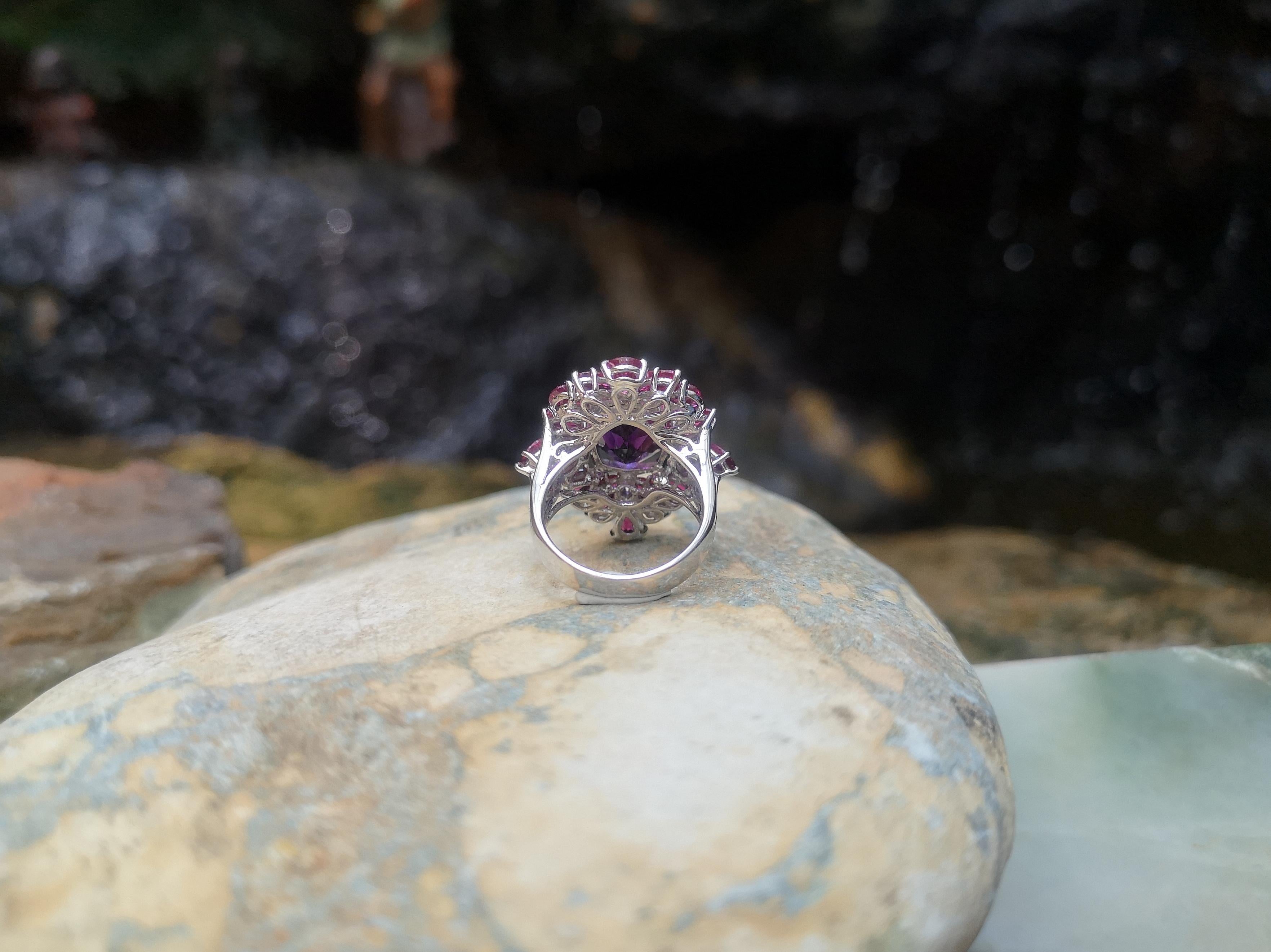 Amethyst with Ruby Ring Set in 18 Karat White Gold Settings For Sale 3