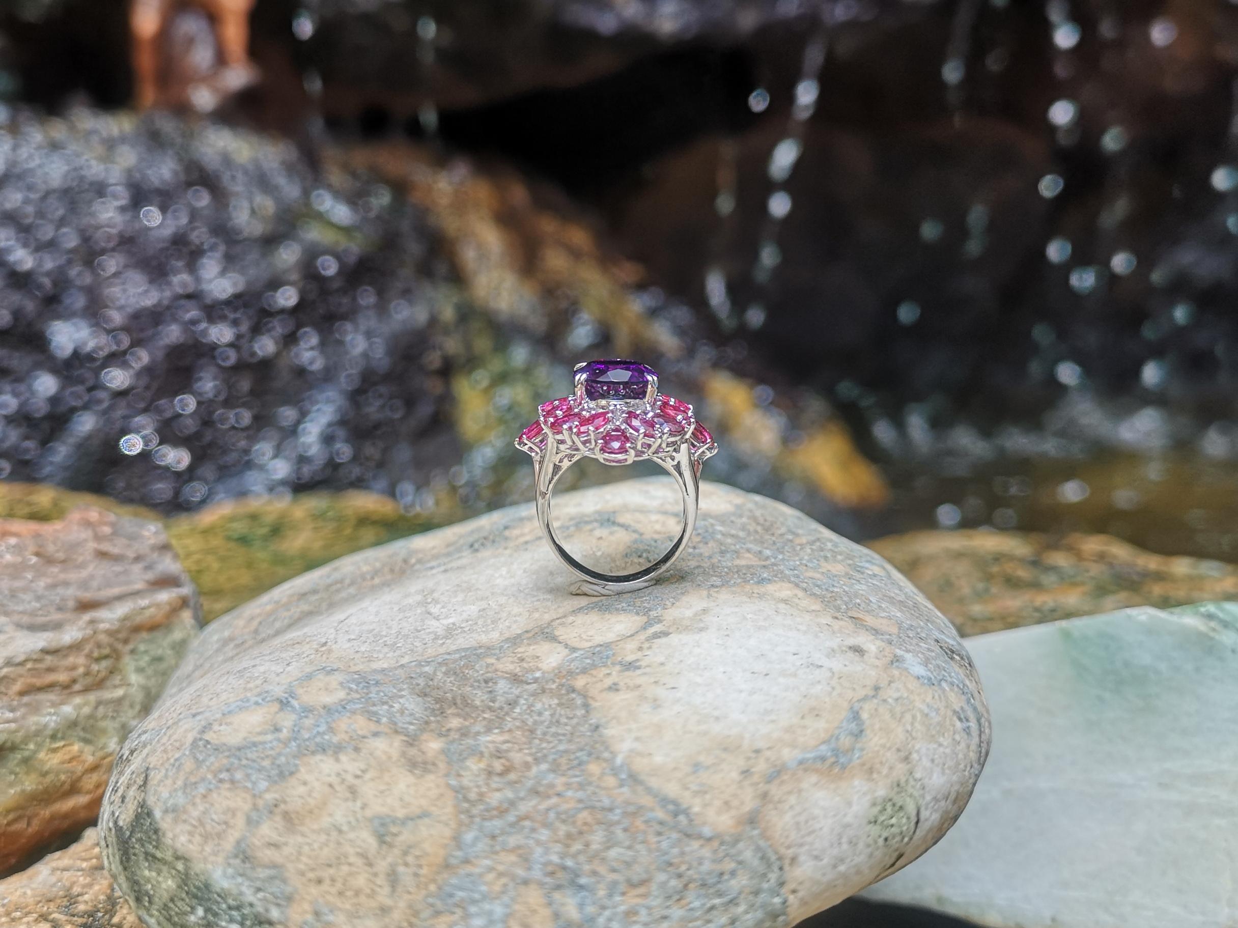 Amethyst with Ruby Ring Set in 18 Karat White Gold Settings For Sale 5