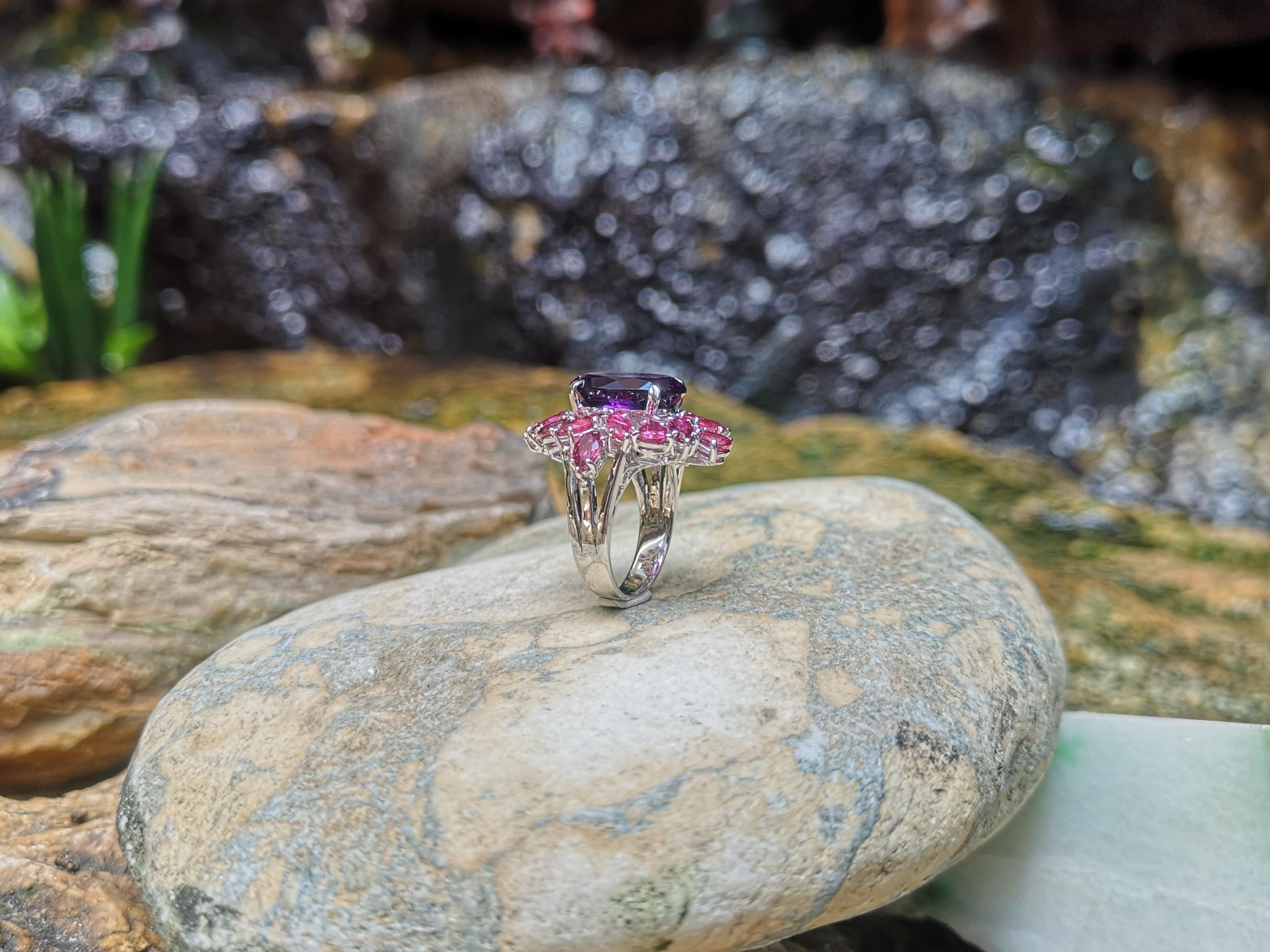 Amethyst with Ruby Ring Set in 18 Karat White Gold Settings For Sale 7