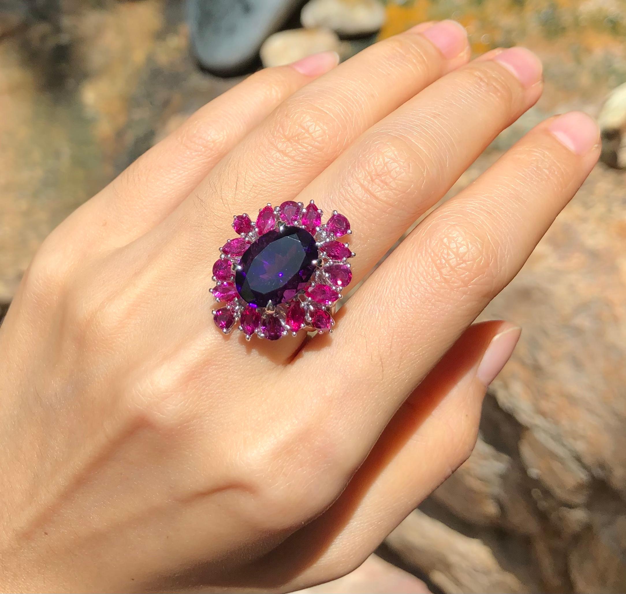 Contemporary Amethyst with Ruby Ring Set in 18 Karat White Gold Settings For Sale