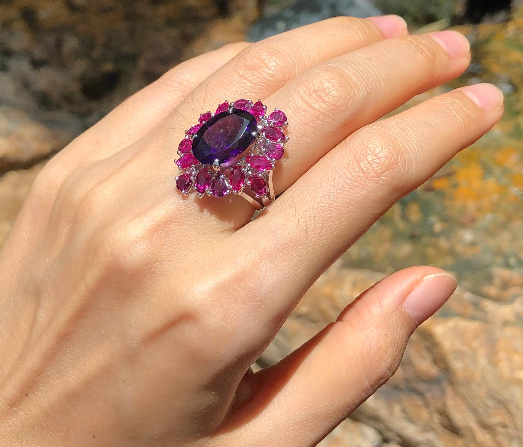 Mixed Cut Amethyst with Ruby Ring Set in 18 Karat White Gold Settings For Sale