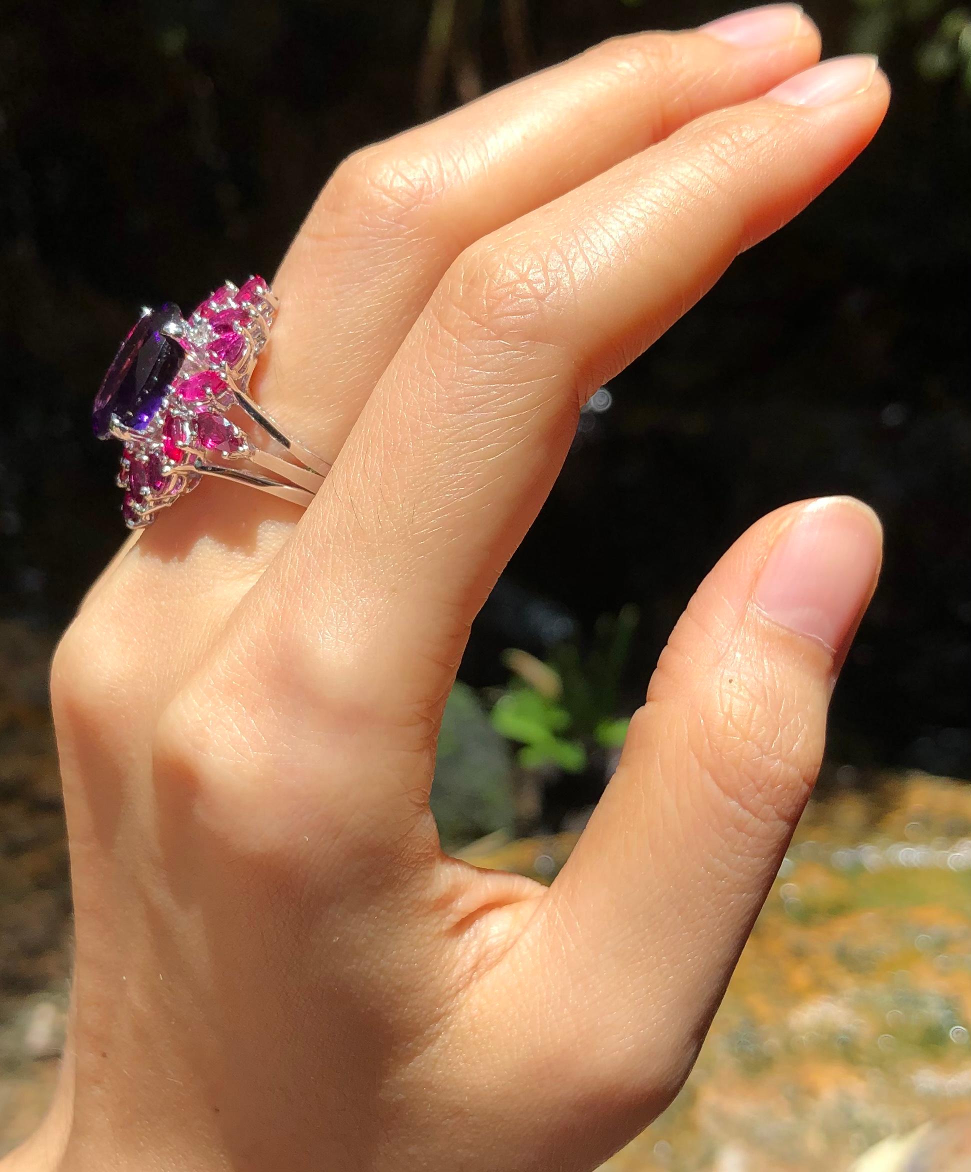 Women's Amethyst with Ruby Ring Set in 18 Karat White Gold Settings For Sale