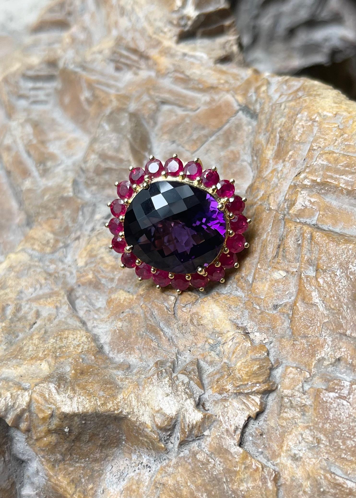 Amethyst mit Rubin Ring in 18K Gold gefasst im Angebot 5