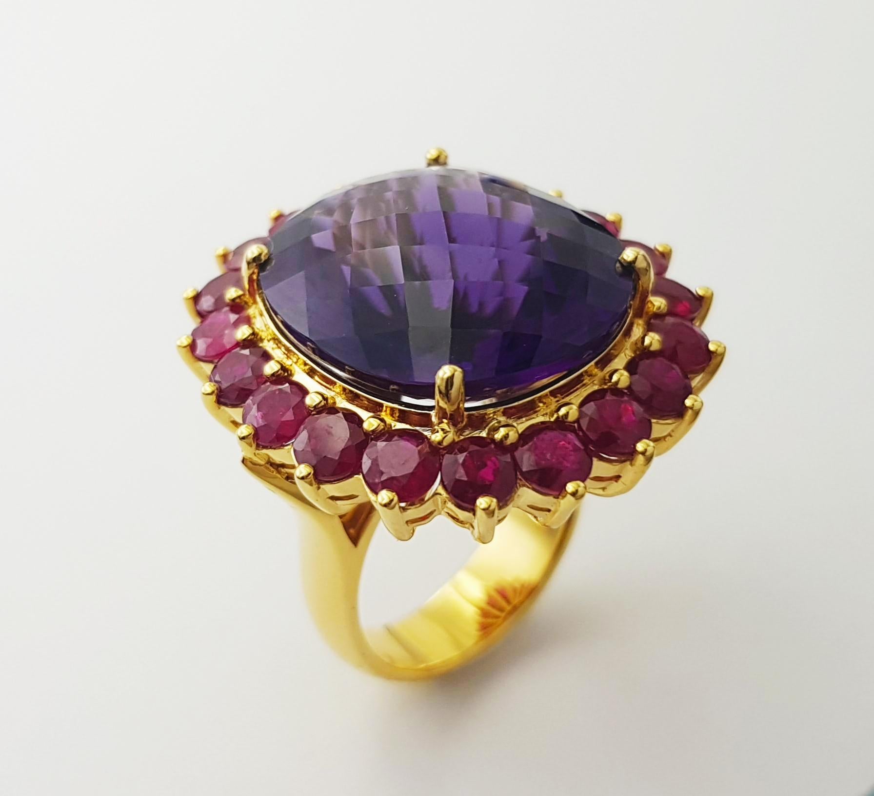Amethyst mit Rubin Ring in 18K Gold gefasst im Angebot 10
