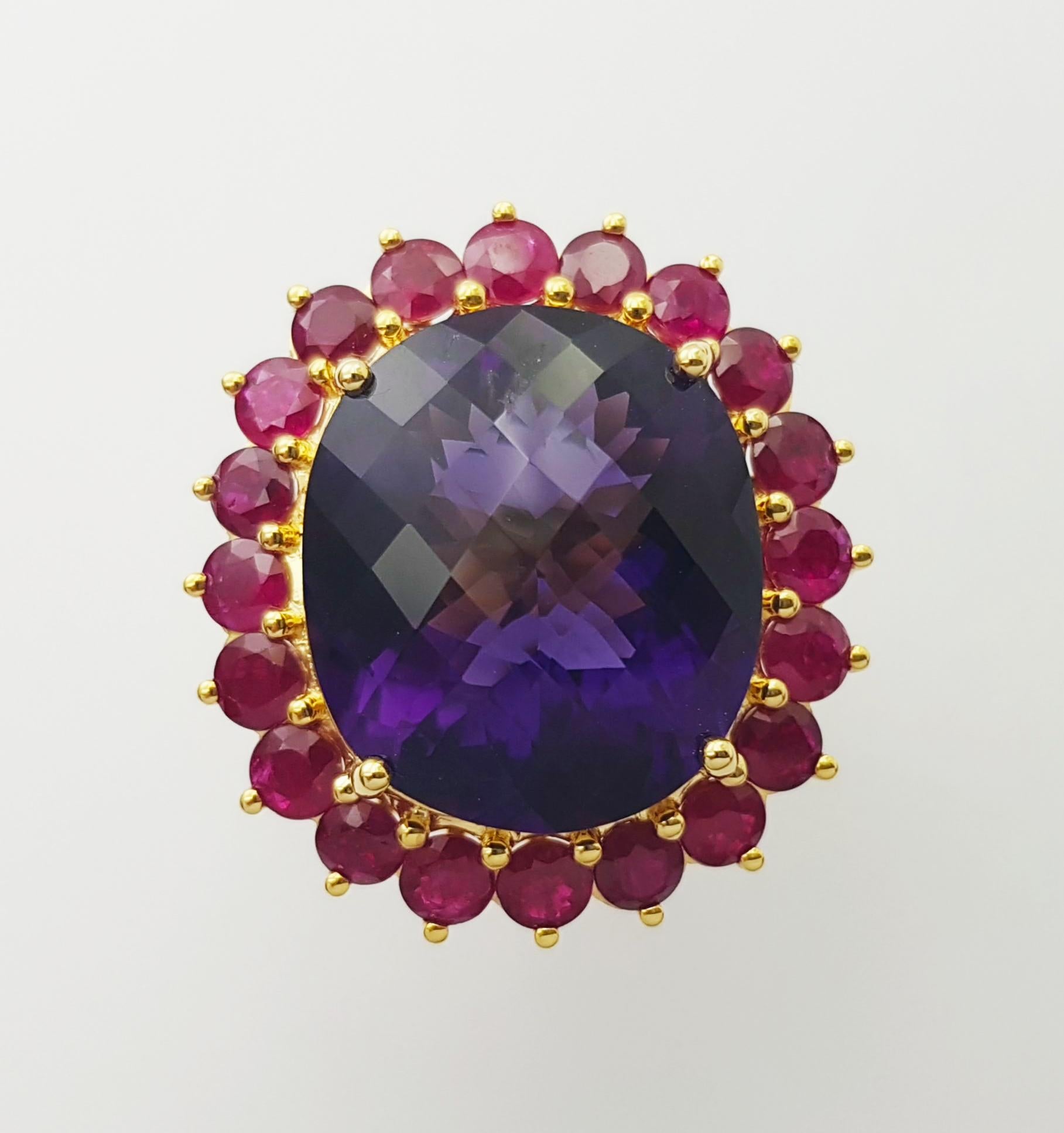 Amethyst mit Rubin Ring in 18K Gold gefasst im Angebot 11