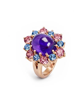 Amethyst with Tanzanite and Tourmaline in Rosegold Cocktail Ring