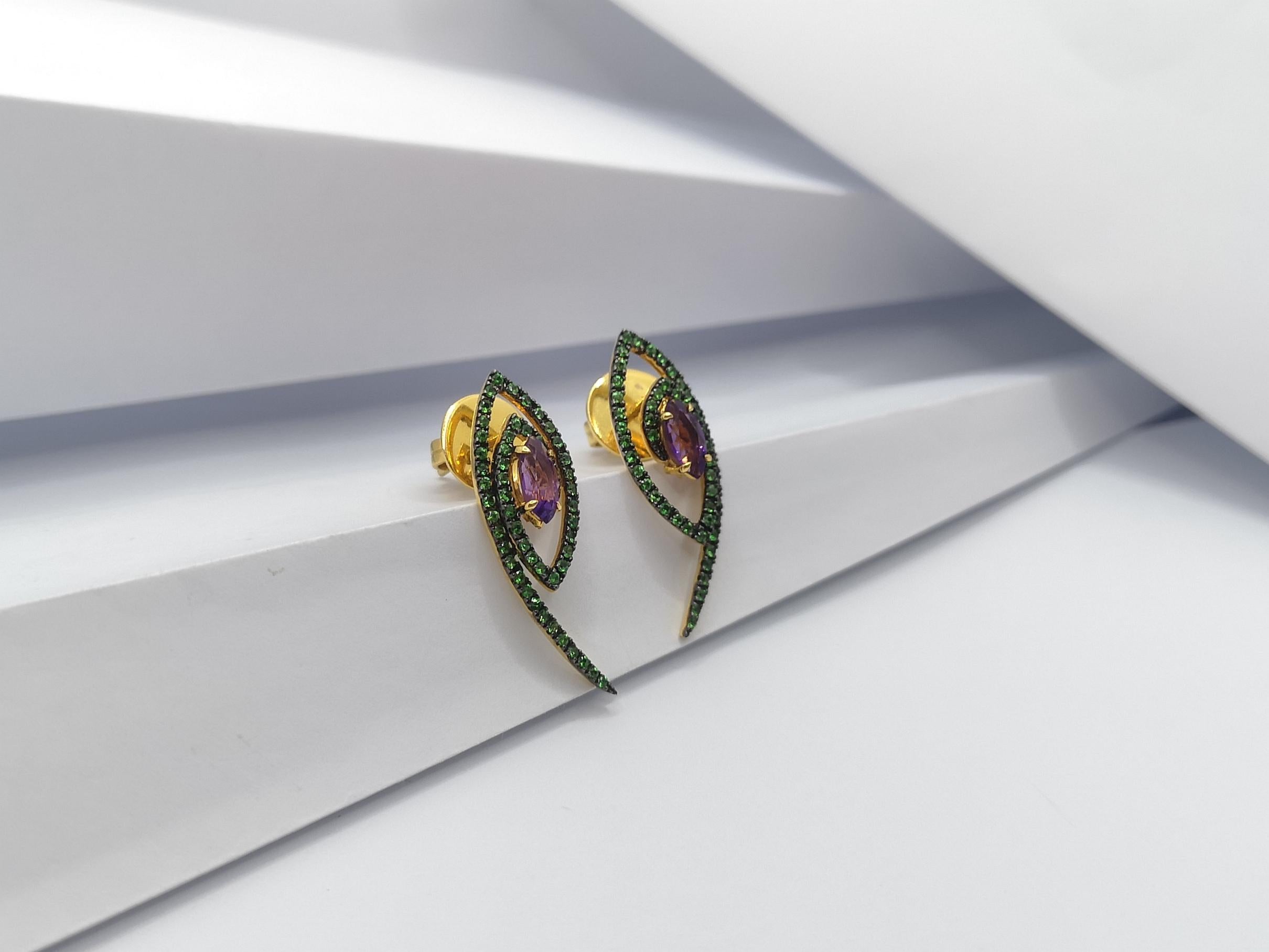 Amethyst with Tsavorite Earrings Set in 18 Karat Gold Settings For Sale 4