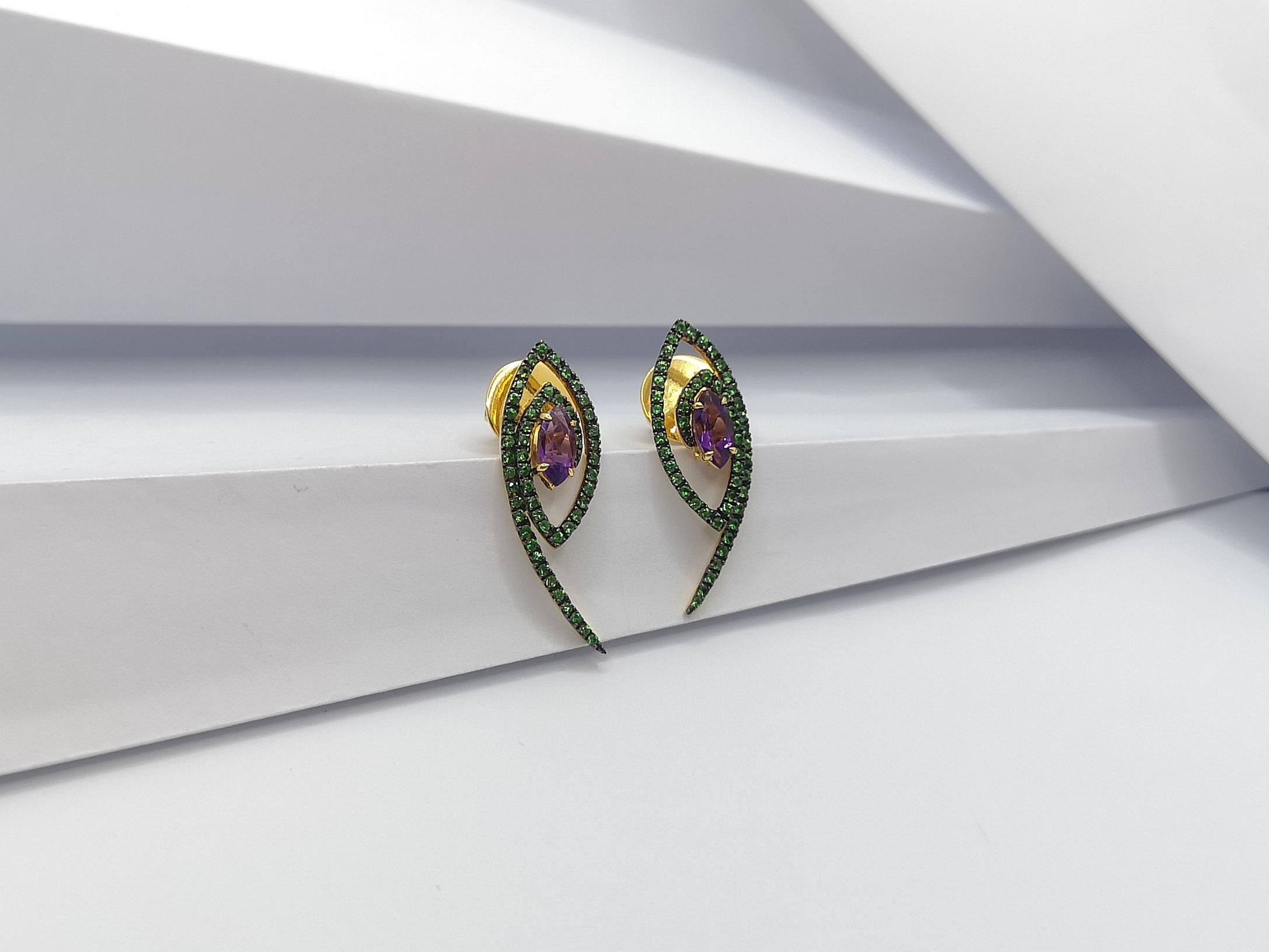 Amethyst with Tsavorite Earrings Set in 18 Karat Gold Settings For Sale 5