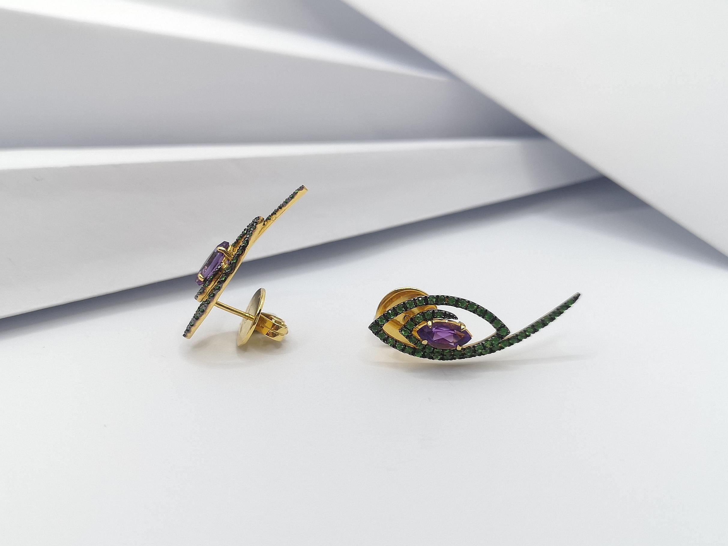 Amethyst with Tsavorite Earrings Set in 18 Karat Gold Settings For Sale 2