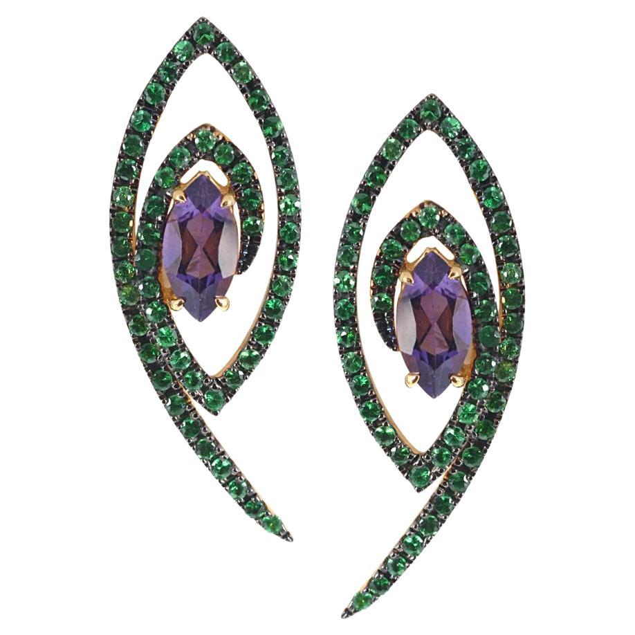 Amethyst with Tsavorite Earrings Set in 18 Karat Gold Settings For Sale