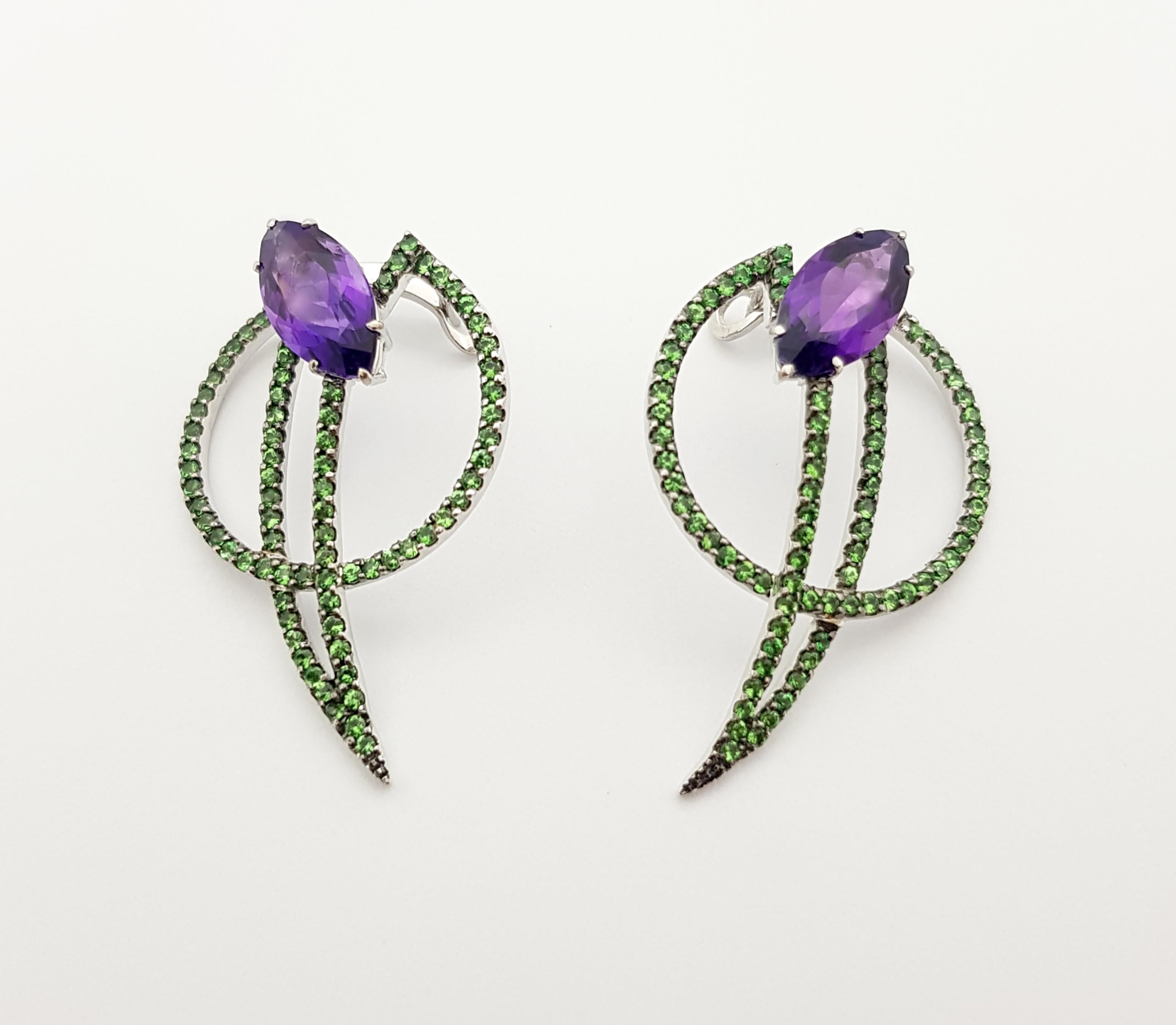 Contemporary Amethyst with Tsavorite Earrings Set in 18K White Gold by Kavant & Sharart For Sale