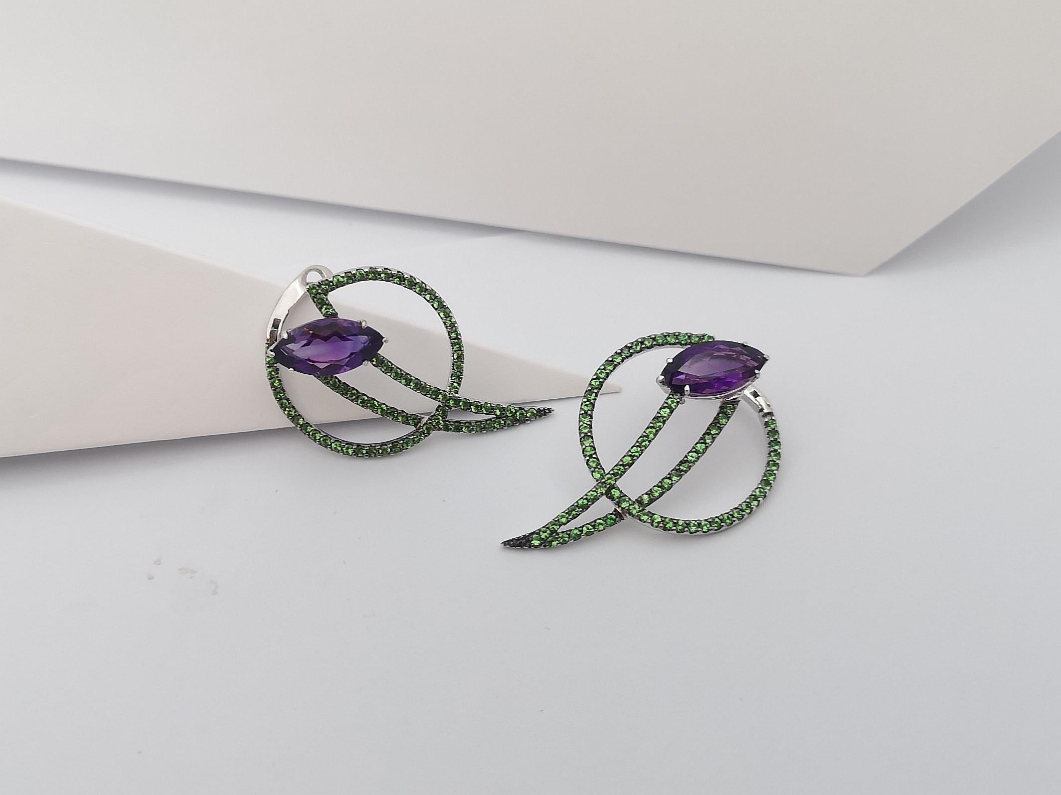 Marquise Cut Amethyst with Tsavorite Earrings Set in 18K White Gold by Kavant & Sharart For Sale