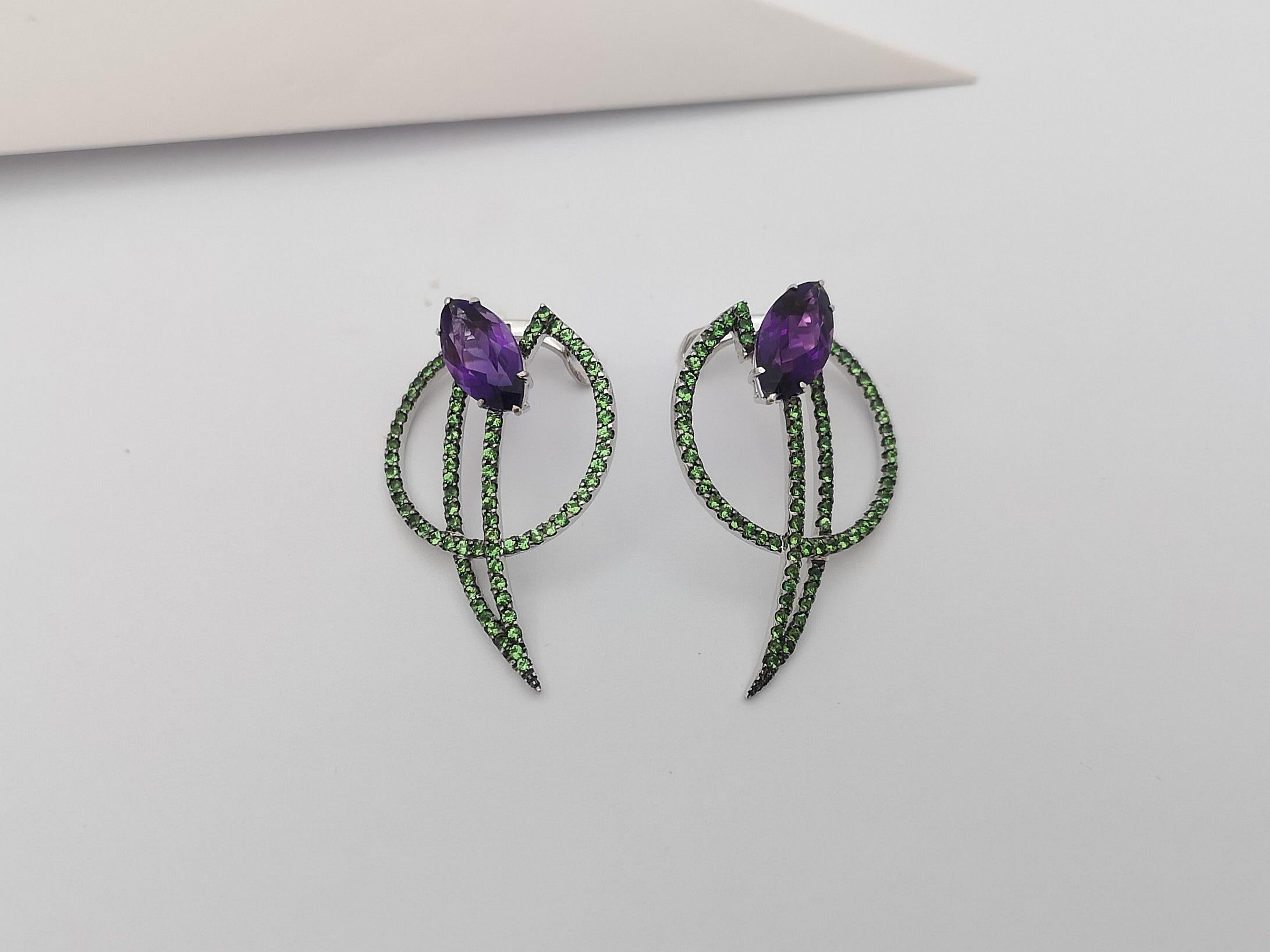 Amethyst with Tsavorite Earrings Set in 18K White Gold by Kavant & Sharart In New Condition For Sale In Bangkok, TH