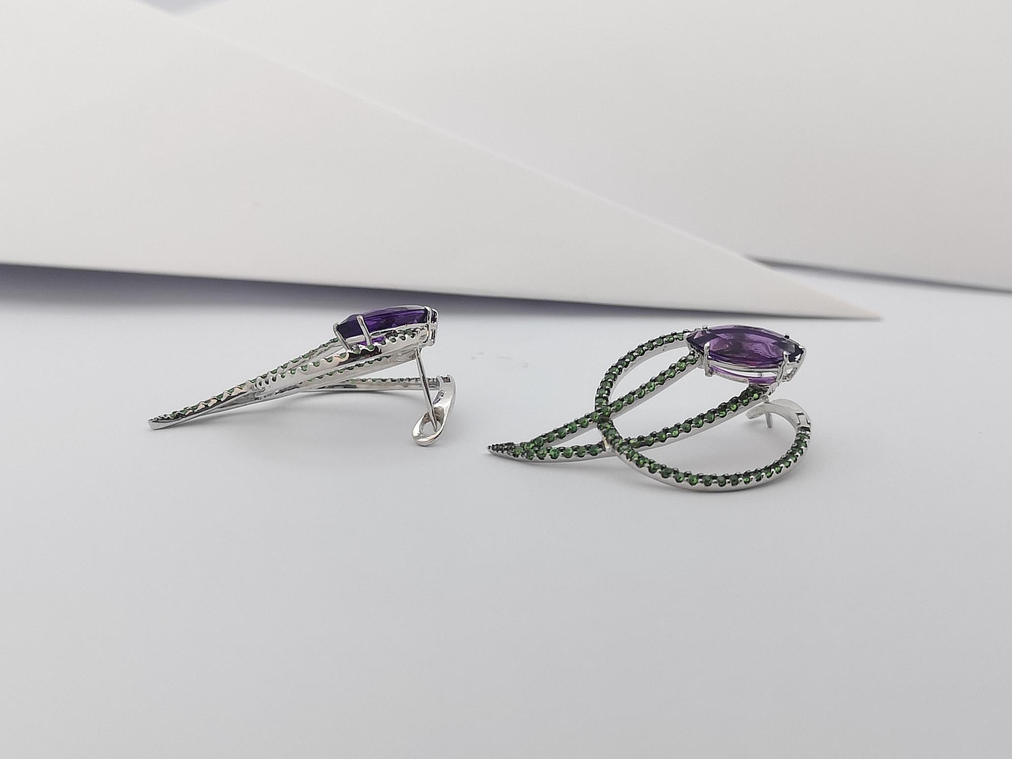 Amethyst with Tsavorite Earrings Set in 18K White Gold by Kavant & Sharart For Sale 2