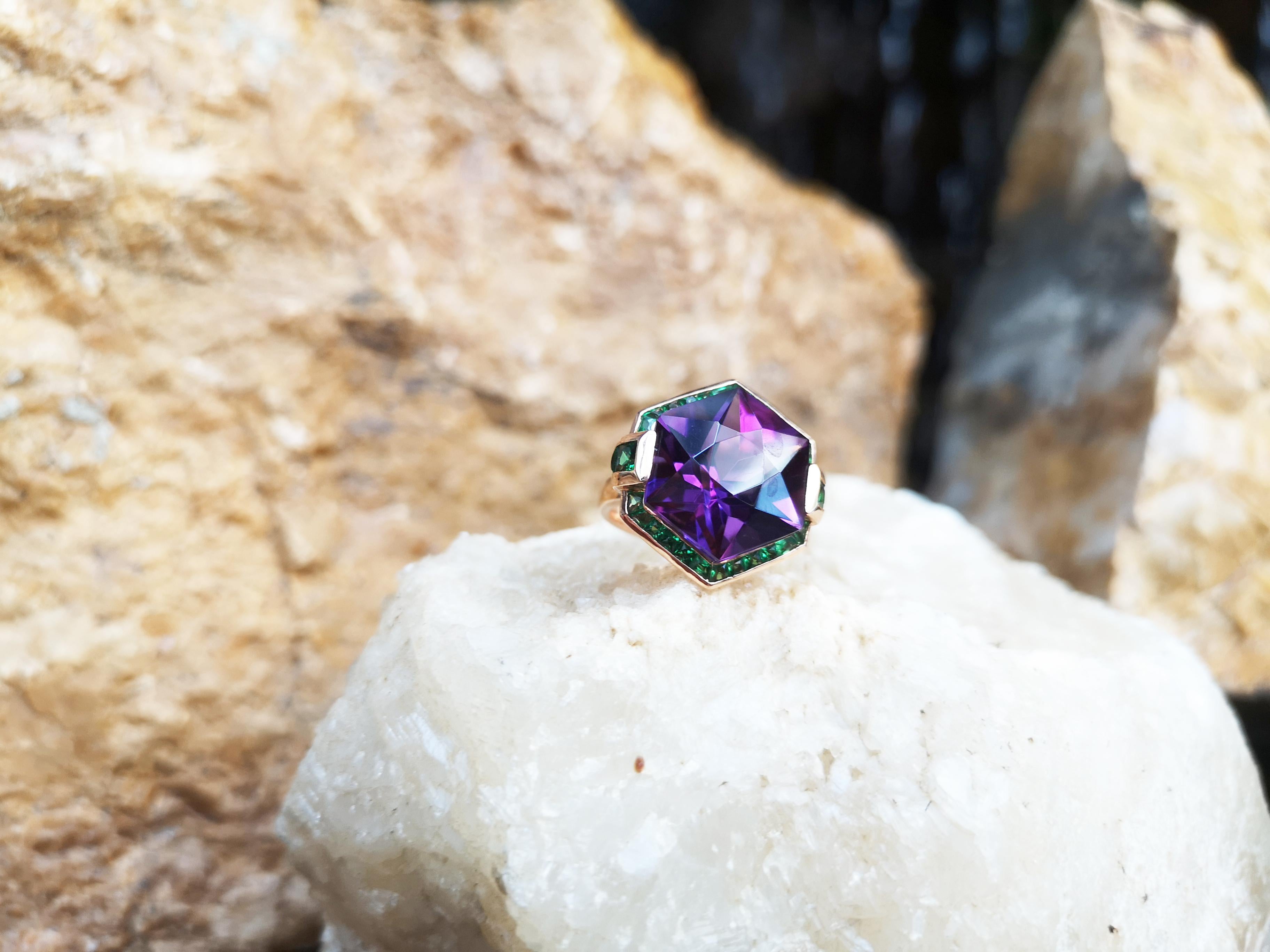Amethyst mit Tsavorit Ring Set in 18 Karat Roségold Fassung (Hexagonschliff)
