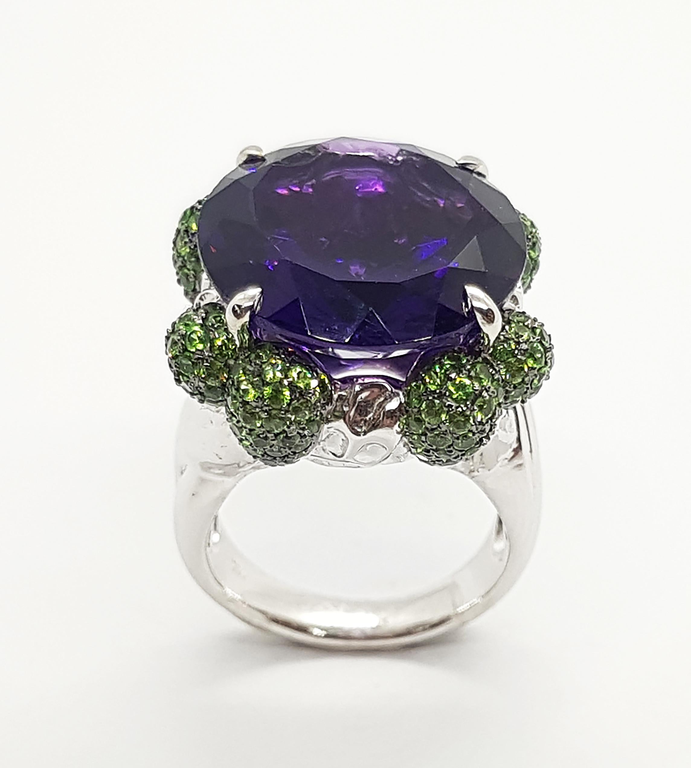 Amethyst 13.23 carats with Tsavorite 1.87 carats Ring set in 18 Karat White Gold Settings 

Width:  2.0 cm 
Length:  2.0 cm
Ring Size: 51
Total Weight: 17.72 grams

