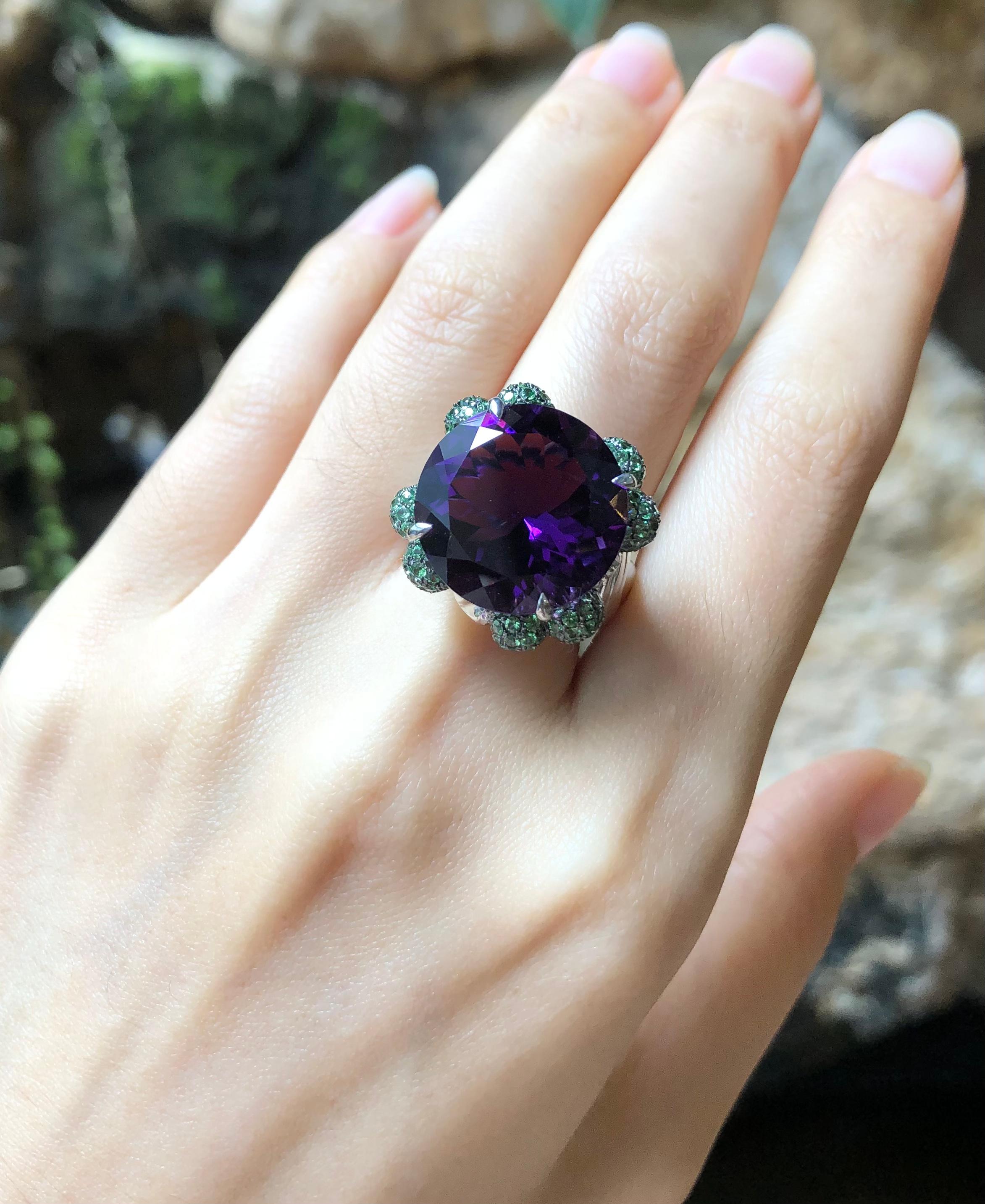 Contemporary Amethyst with Tsavorite Ring Set in 18 Karat White Gold Settings For Sale