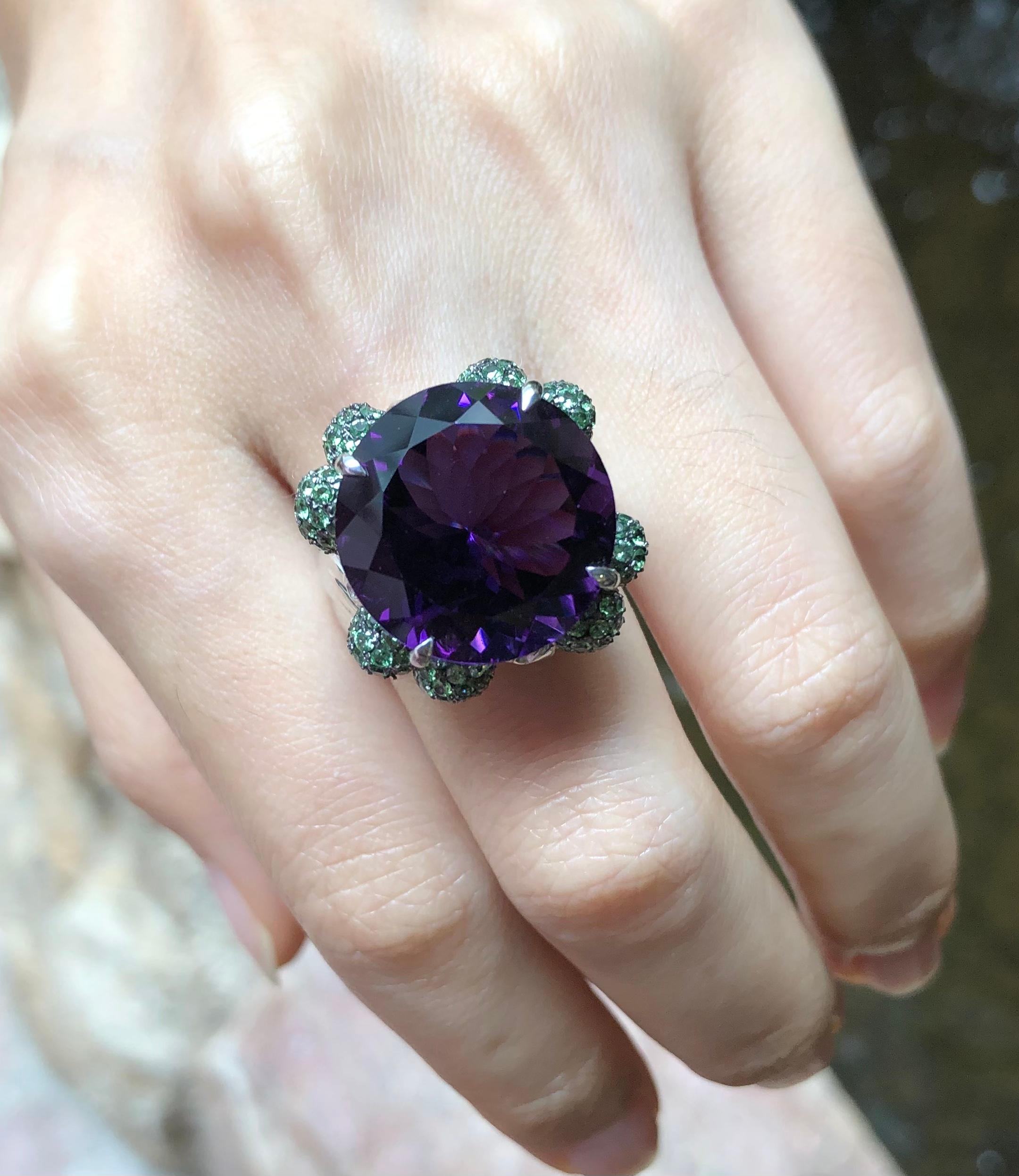 Mixed Cut Amethyst with Tsavorite Ring Set in 18 Karat White Gold Settings For Sale