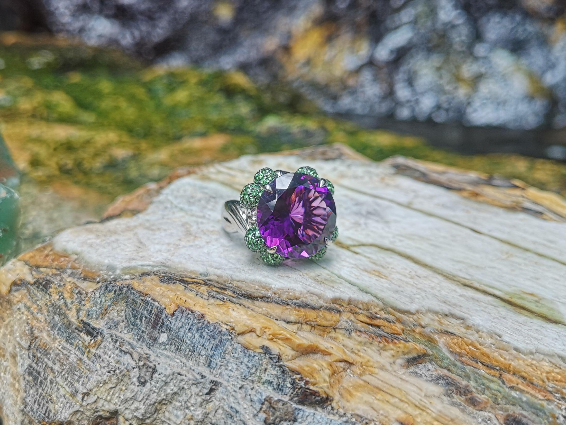 Amethyst with Tsavorite Ring Set in 18 Karat White Gold Settings For Sale 2