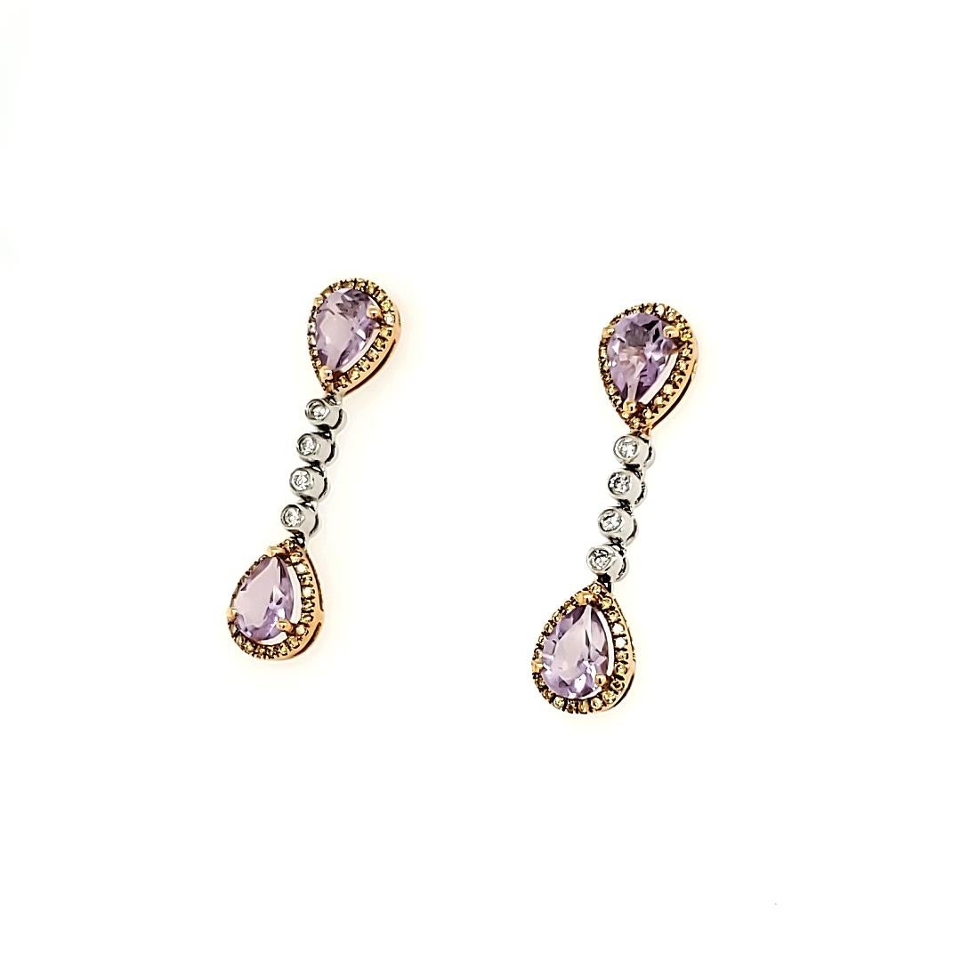 Pear Cut Amethyst, Yellow Diamond, and White Diamond Gold Earrings