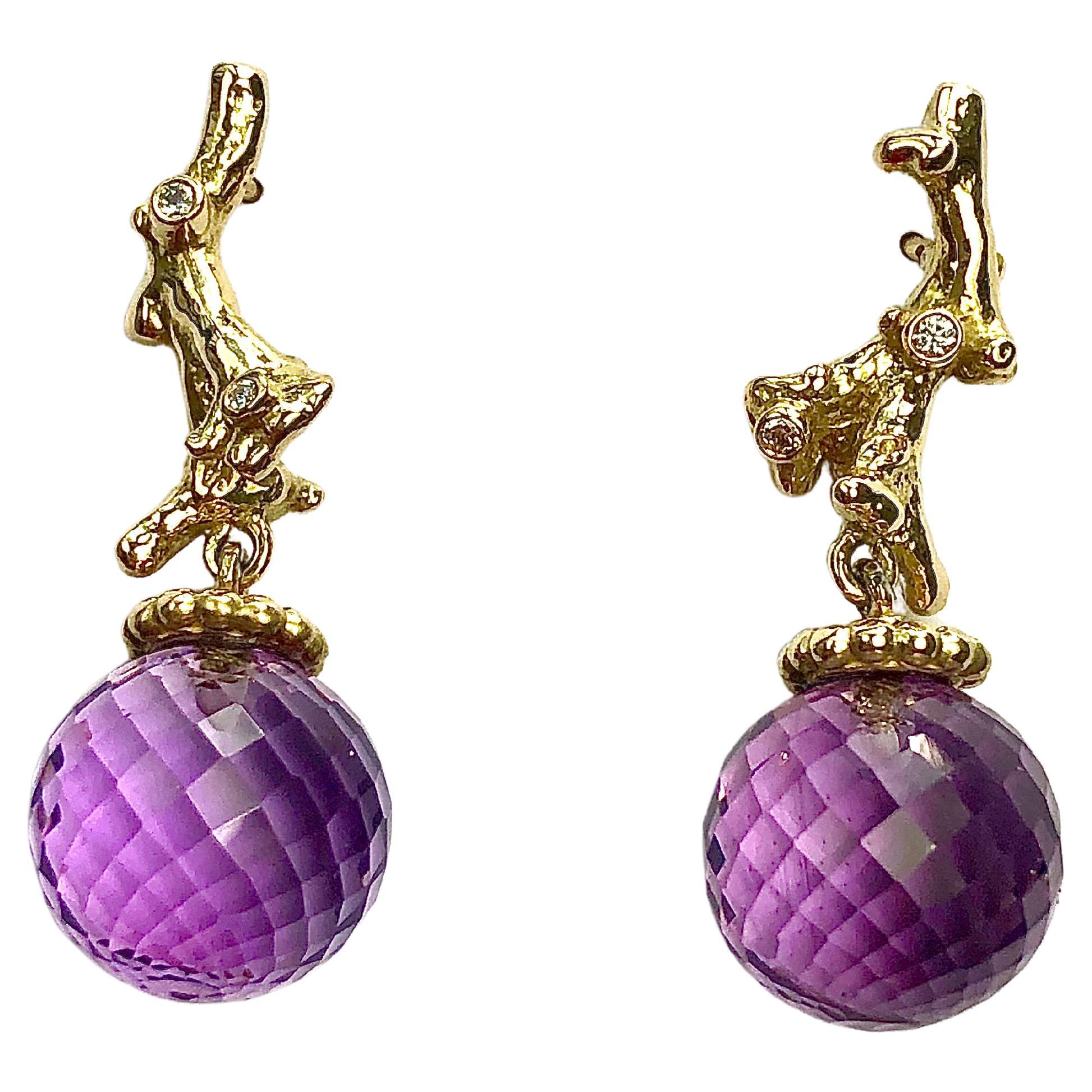 Amethyst & Yellow Gold Diamond Earrings For Sale