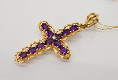 Amethyst Yellow Gold Diamond Large Cross Pendant Necklace