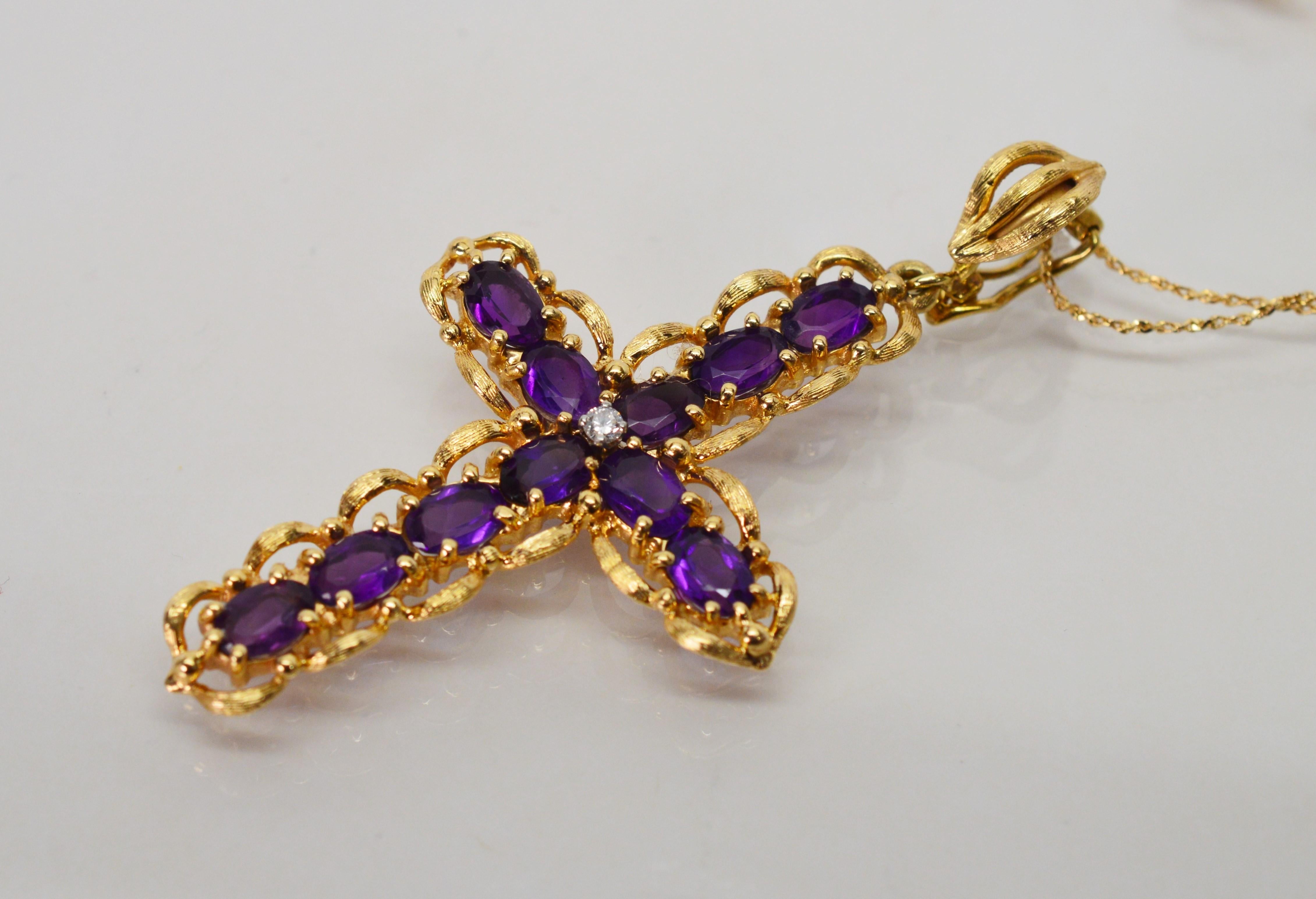 Women's Amethyst Yellow Gold Diamond Large Cross Pendant Necklace