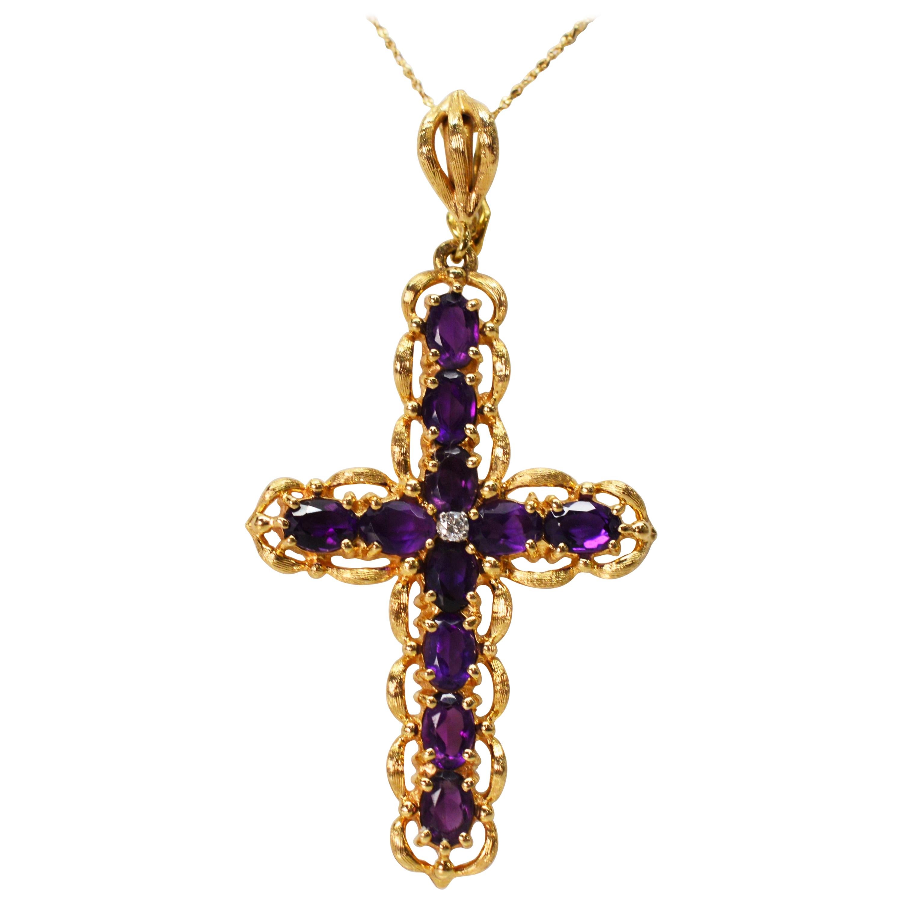 Amethyst Yellow Gold Diamond Large Cross Pendant Necklace