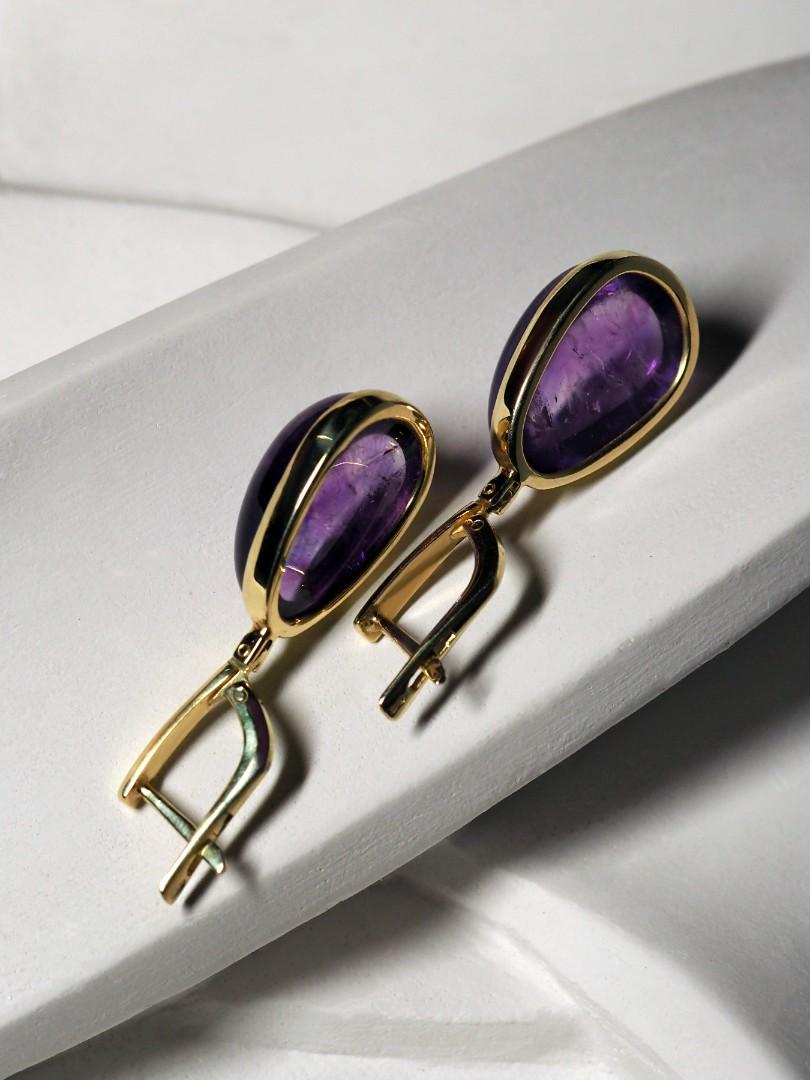 Amethyst Yellow Gold Earrings Cabochon Gems For Sale 4
