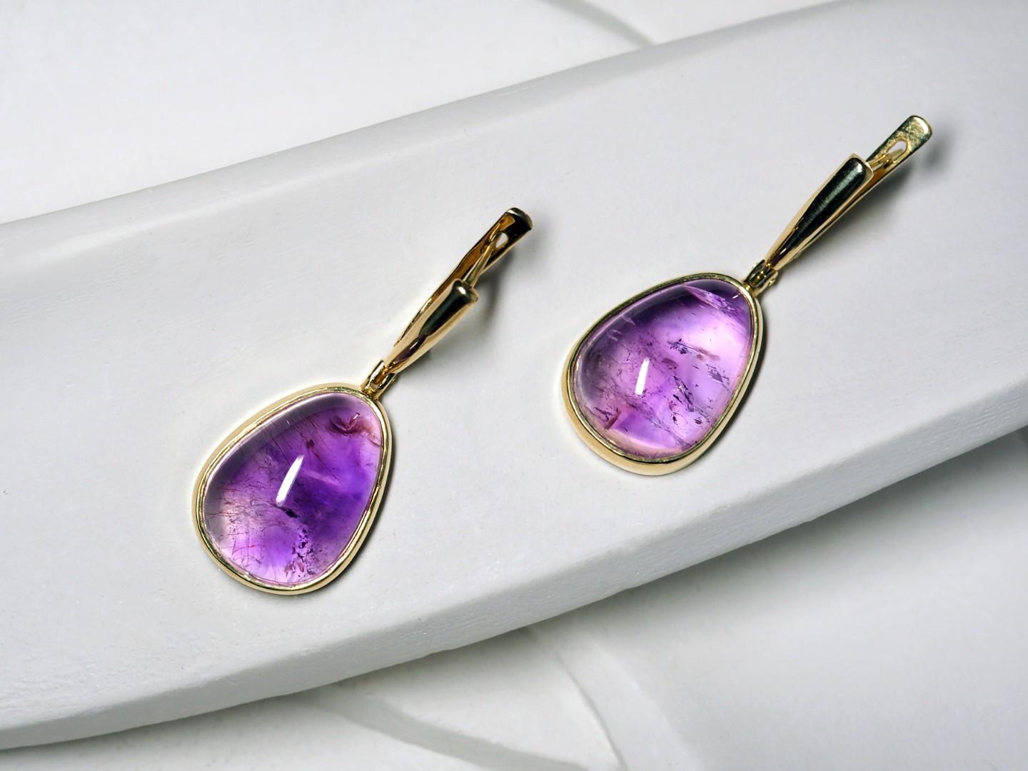 Artisan Amethyst Yellow Gold Earrings Cabochon Gems For Sale