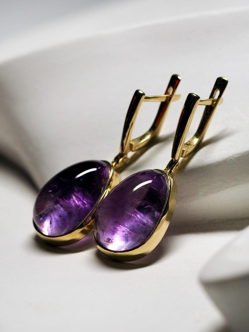 Amethyst Yellow Gold Earrings Cabochon Gems For Sale 1