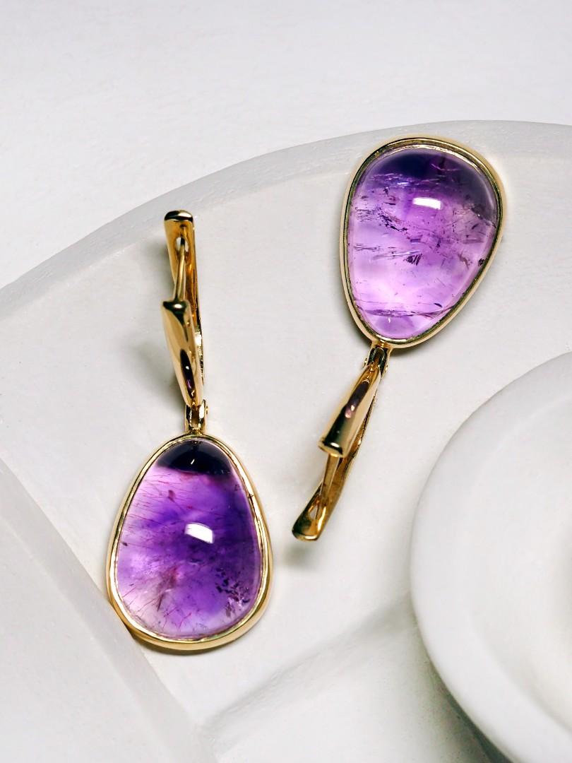 Amethyst Yellow Gold Earrings Cabochon Gems For Sale 2