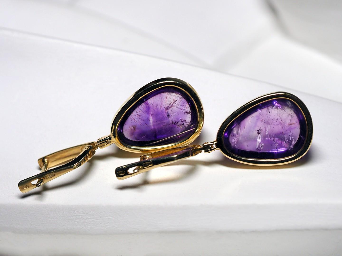 Amethyst Yellow Gold Earrings Cabochon Gems For Sale 3