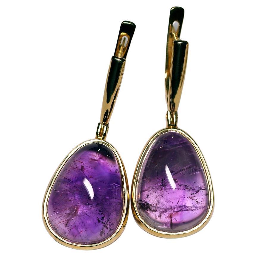 Amethyst Yellow Gold Earrings Cabochon Gems