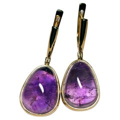 Amethyst Yellow Gold Earrings Cabochon Gems Magic Power Witch Style Dark Orchid