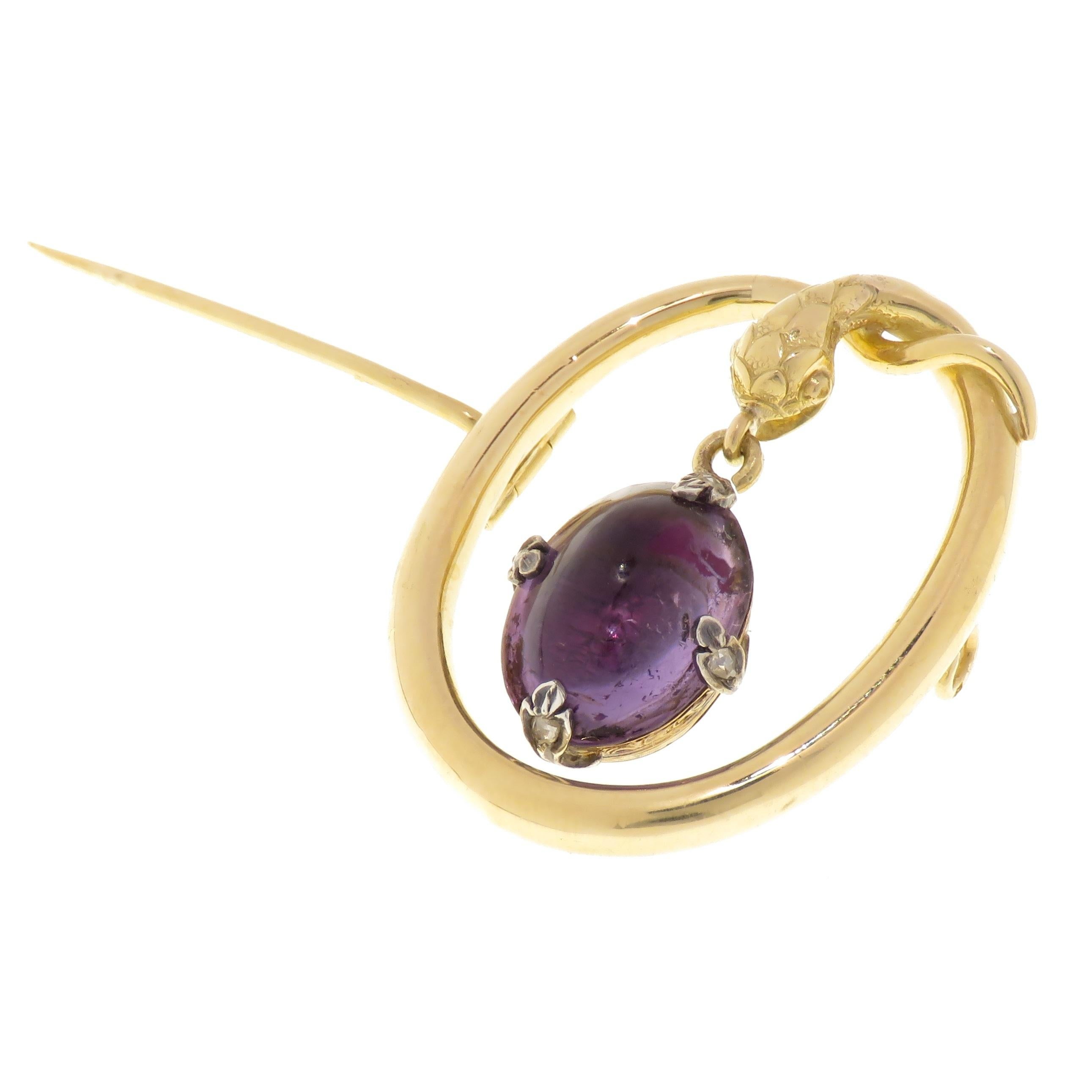 Retro Amethyst Yellow Gold Vintage Snake Brooch  For Sale