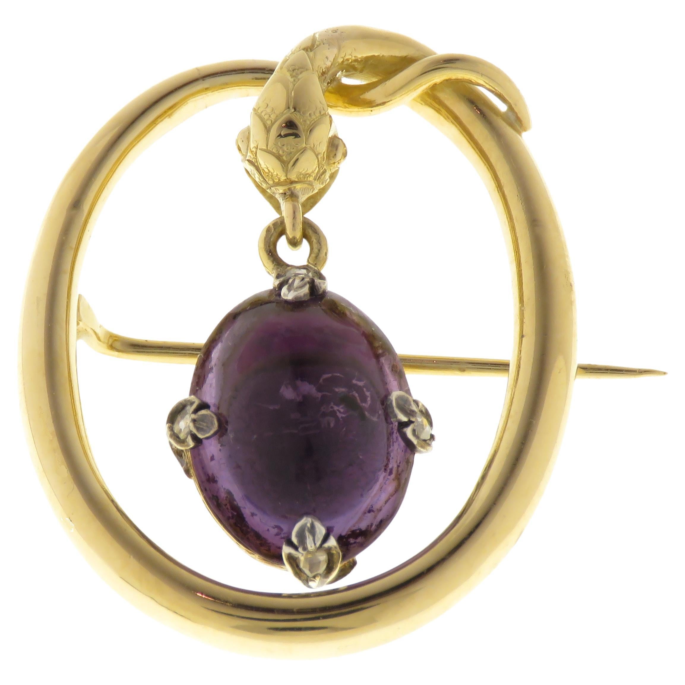Amethyst Yellow Gold Vintage Snake Brooch  For Sale