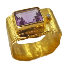 Amethyst Zircon Gold Plate Silver Ring Coctail Artist Hand Made Ring