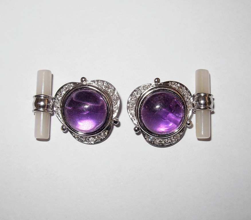 Amethyst 18 Karat White Gold Diamonds and Mother of Pearl Cufflinks In New Condition In Marcianise, IT