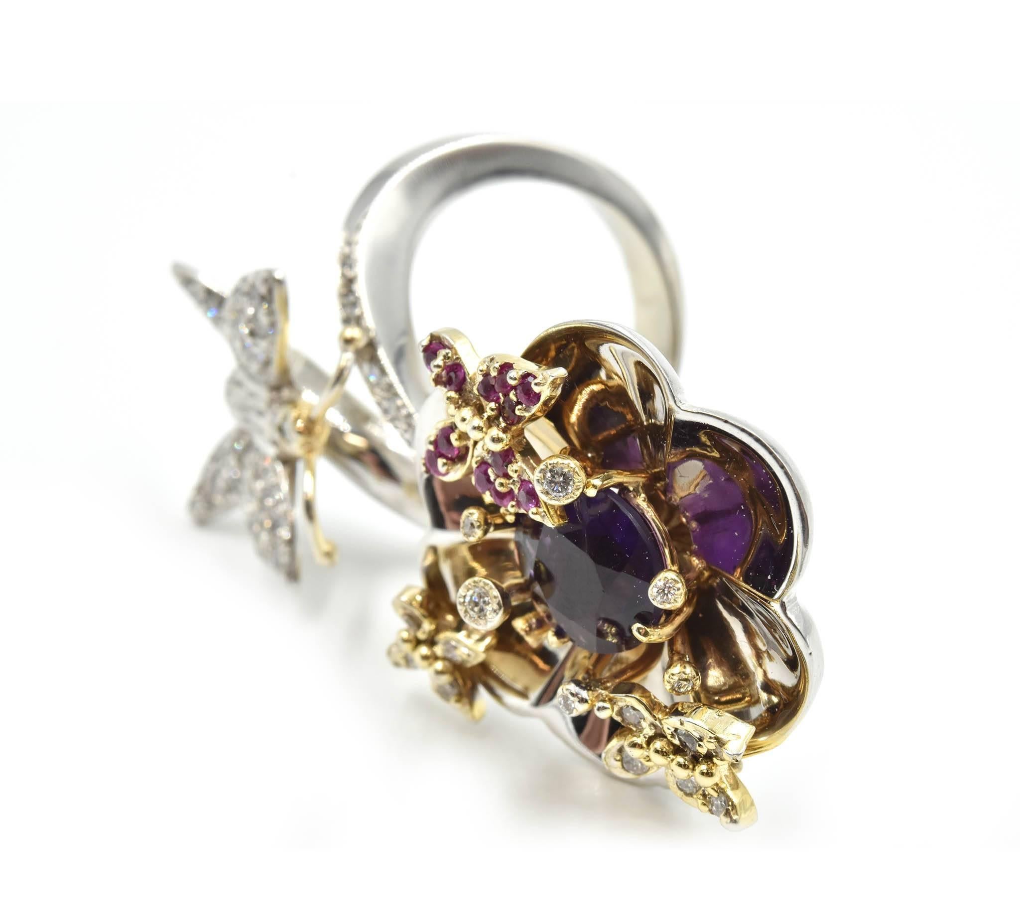 Round Cut Amethyst, Ruby and Diamond Flower and Butterfly Two-Tone Cocktail Ring