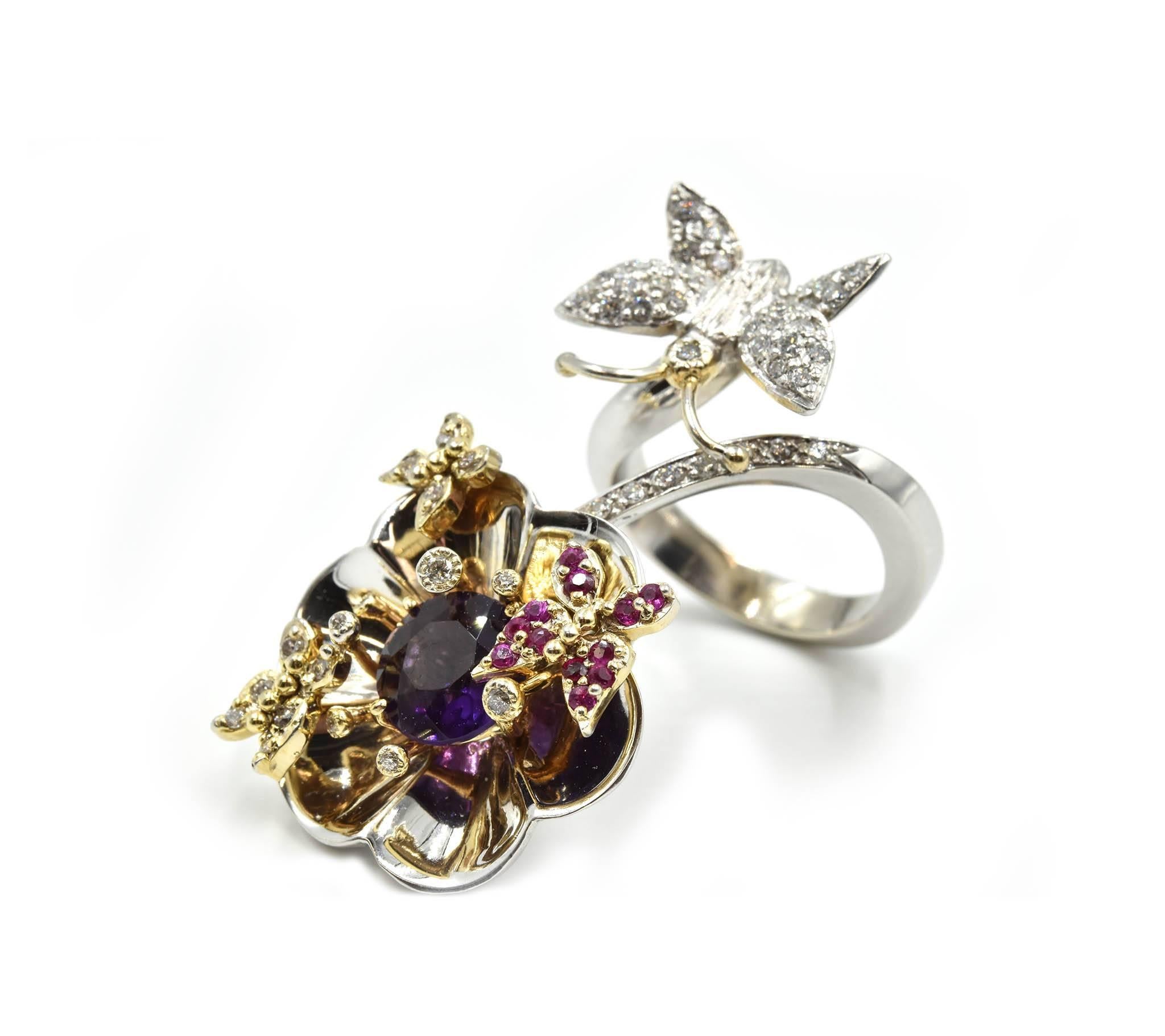 Amethyst, Ruby and Diamond Flower and Butterfly Two-Tone Cocktail Ring In Excellent Condition In Scottsdale, AZ