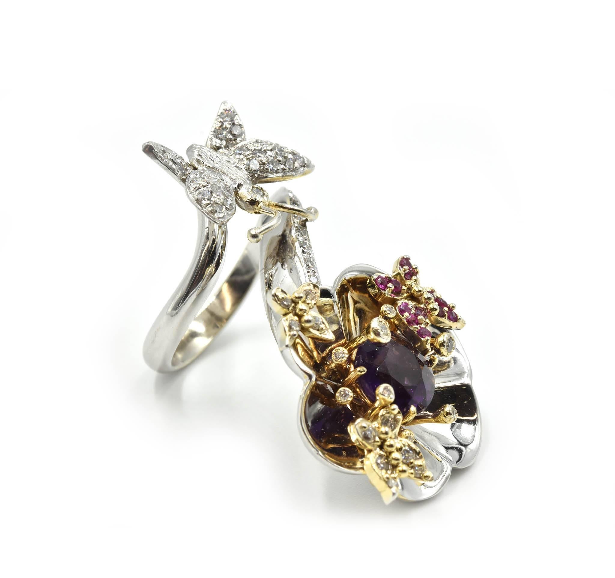 Women's Amethyst, Ruby and Diamond Flower and Butterfly Two-Tone Cocktail Ring