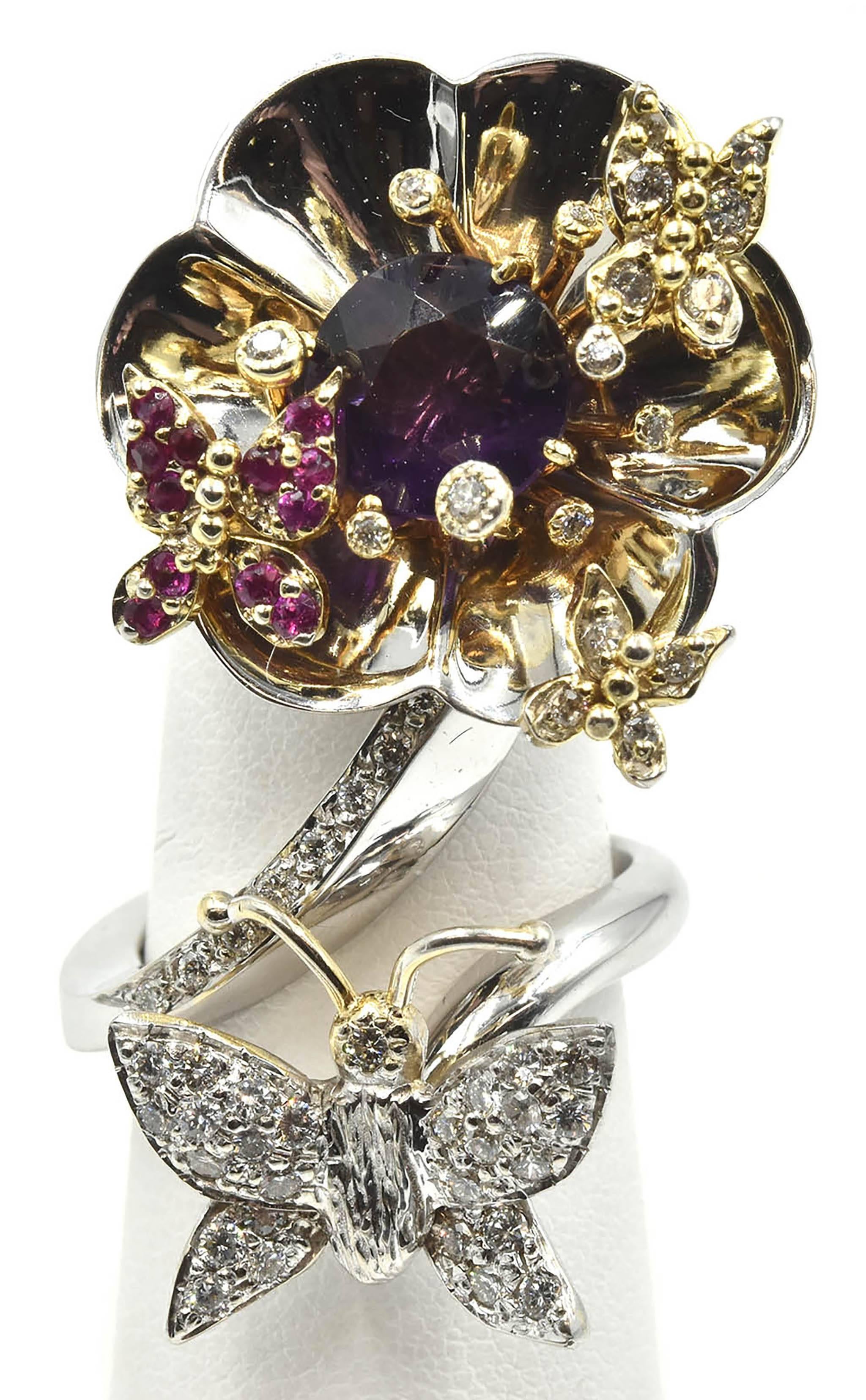 Amethyst, Ruby and Diamond Flower and Butterfly Two-Tone Cocktail Ring 2