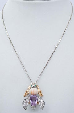 Amethyst, Coral, Emeralds, Diamonds, 14Kt Rose Gold and Silver Pendant Necklace