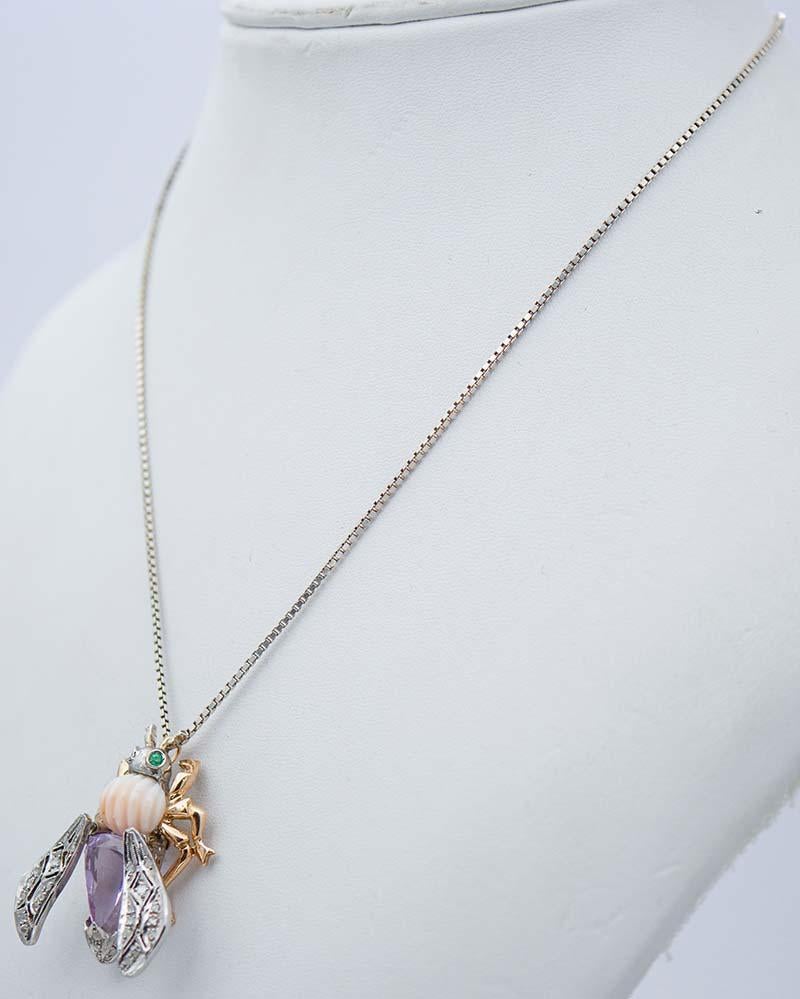 Retro Amethyst, Coral, Emeralds, Diamonds, 14Kt Rose Gold and Silver Pendant Necklace For Sale