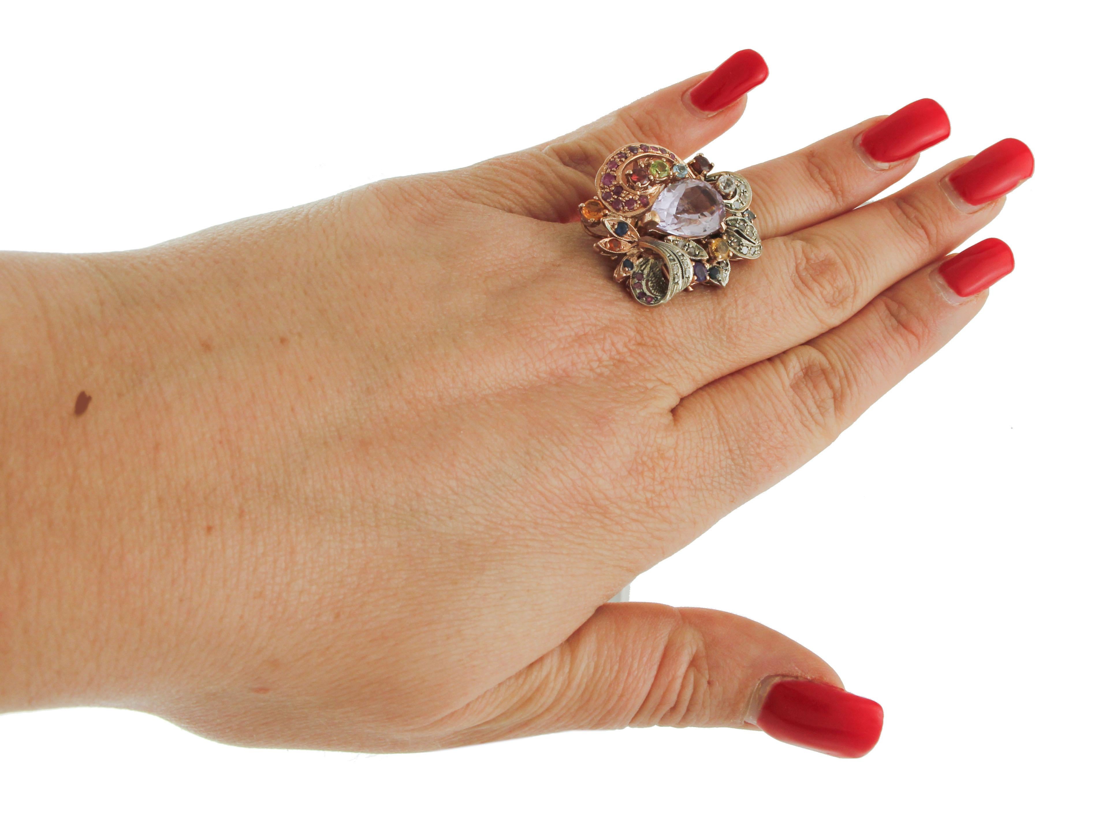 Retro Amethyst Diamond Ruby Sapphire Garnet, Peridot, Topaz, Rose Gold and Silver Ring