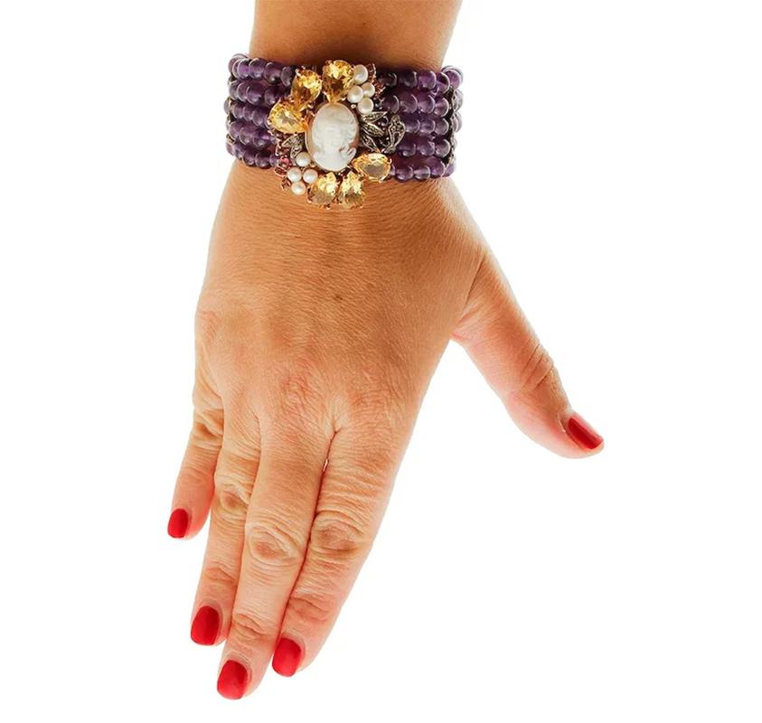Retro Amethyst, Diamonds, Topazes, Garnets, Cameo, Pearls 9Kt Gold and Silver Bracelet For Sale