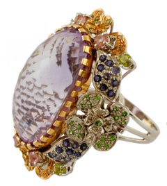 Amethyst, Diamanten, Turmalin, Tsavorit, Iolith, 14 Kt Goldring