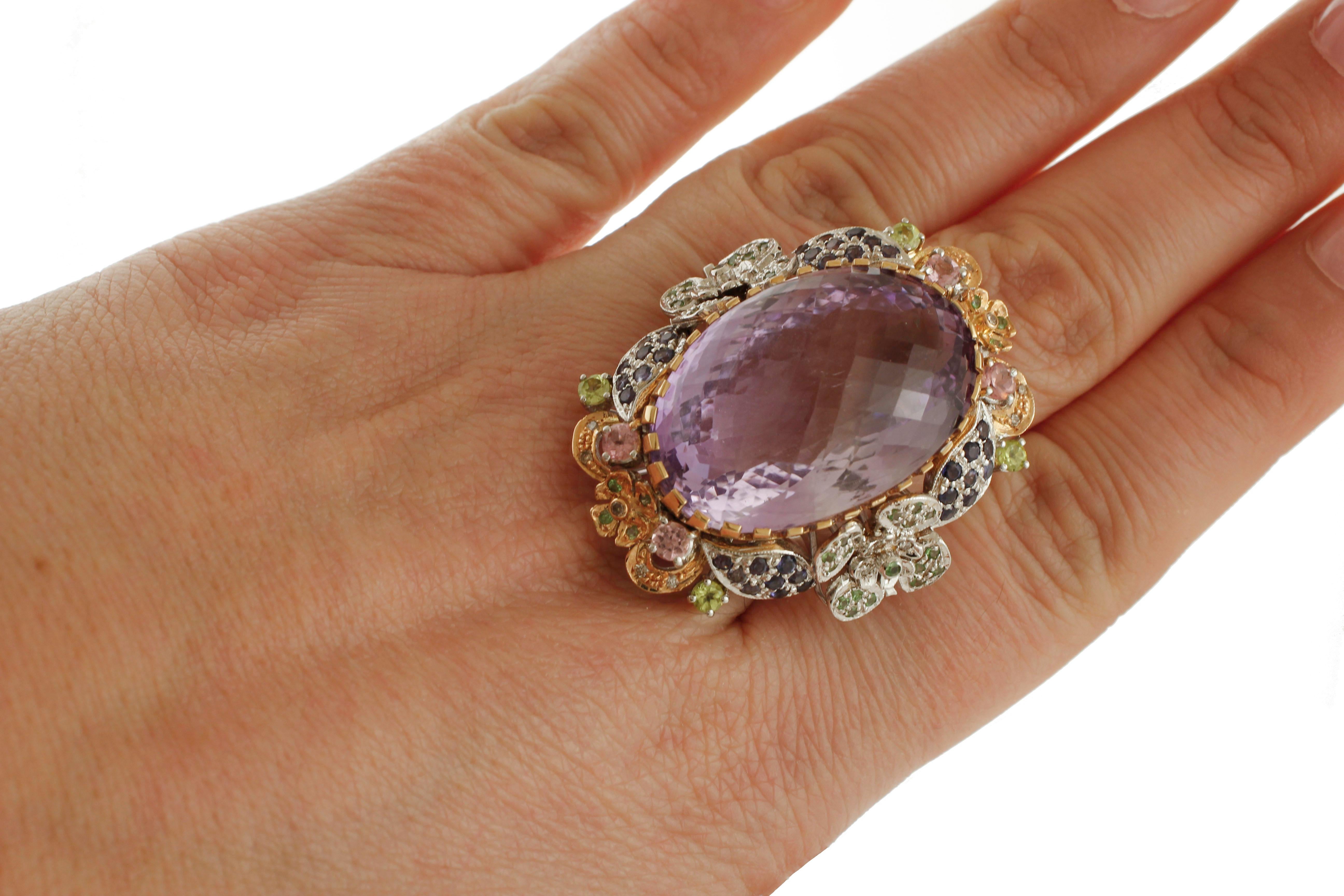Amethyst, Diamonds, Tourmalines, Tsavorites, Iolite, 14 Kt Gold Ring In Good Condition For Sale In Marcianise, Marcianise (CE)